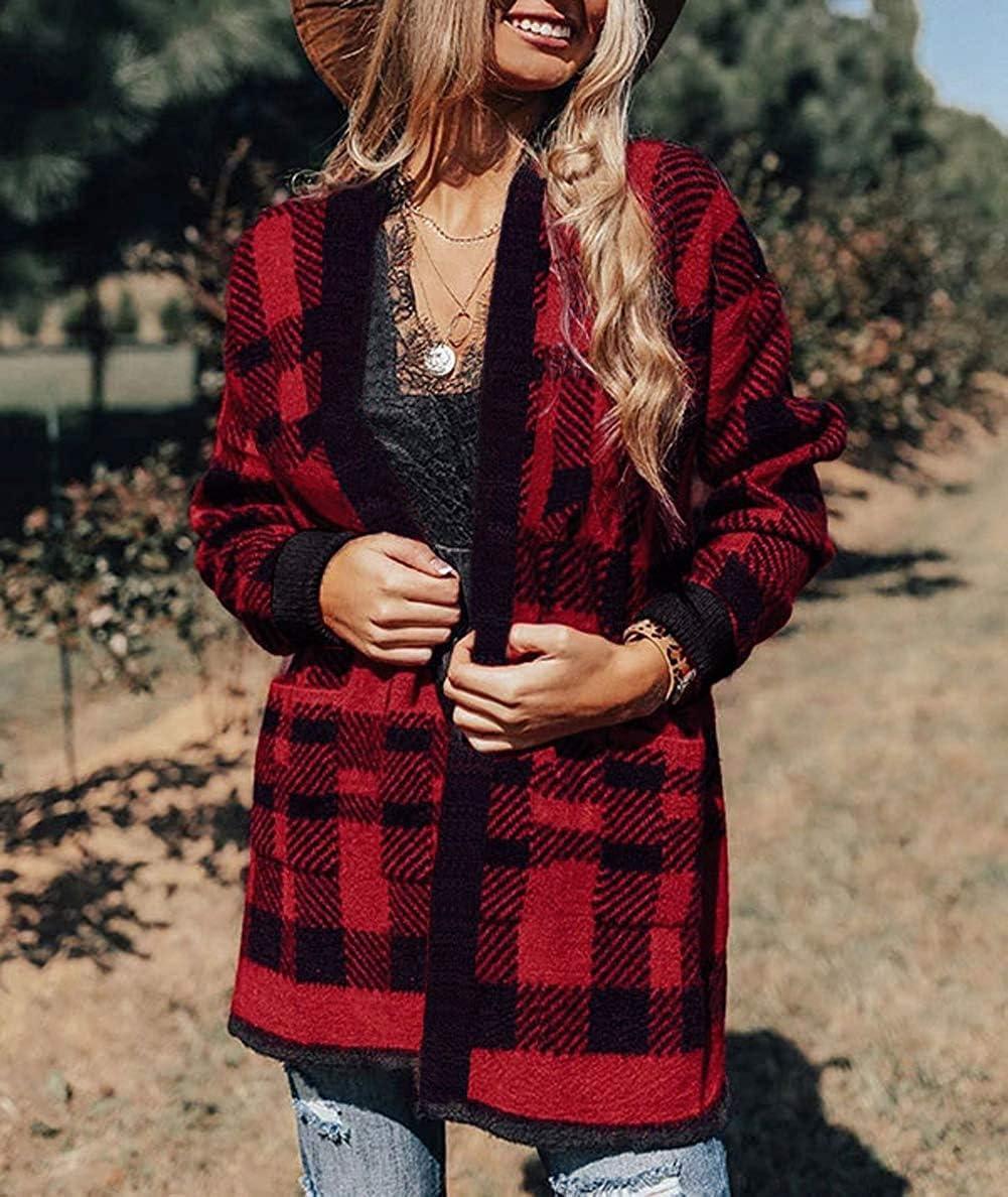 imageZESICA Womens Spring Winter Long Sleeves Open Front Leopard Print Knitted Sweater Cardigan Coat OutwearRed Plaid