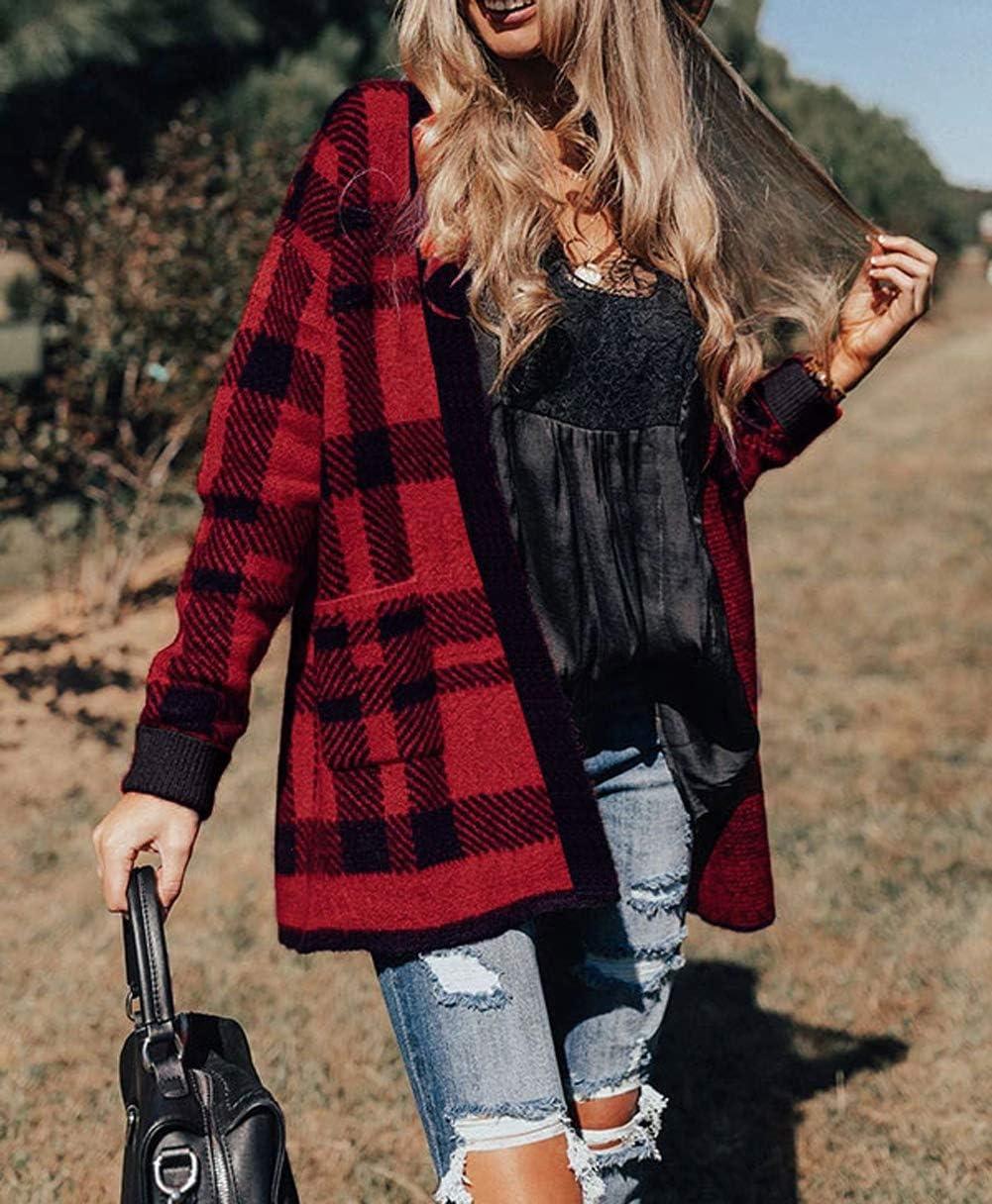 imageZESICA Womens Spring Winter Long Sleeves Open Front Leopard Print Knitted Sweater Cardigan Coat OutwearRed Plaid