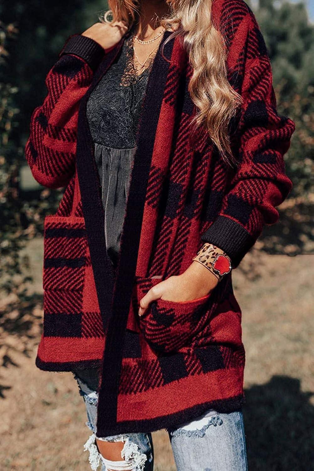 imageZESICA Womens Spring Winter Long Sleeves Open Front Leopard Print Knitted Sweater Cardigan Coat OutwearRed Plaid