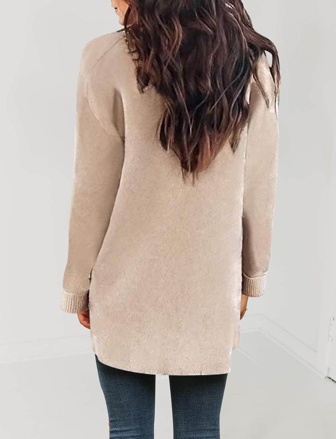 imageZESICA Womens Spring Winter Long Sleeves Open Front Leopard Print Knitted Sweater Cardigan Coat OutwearSolid Beige