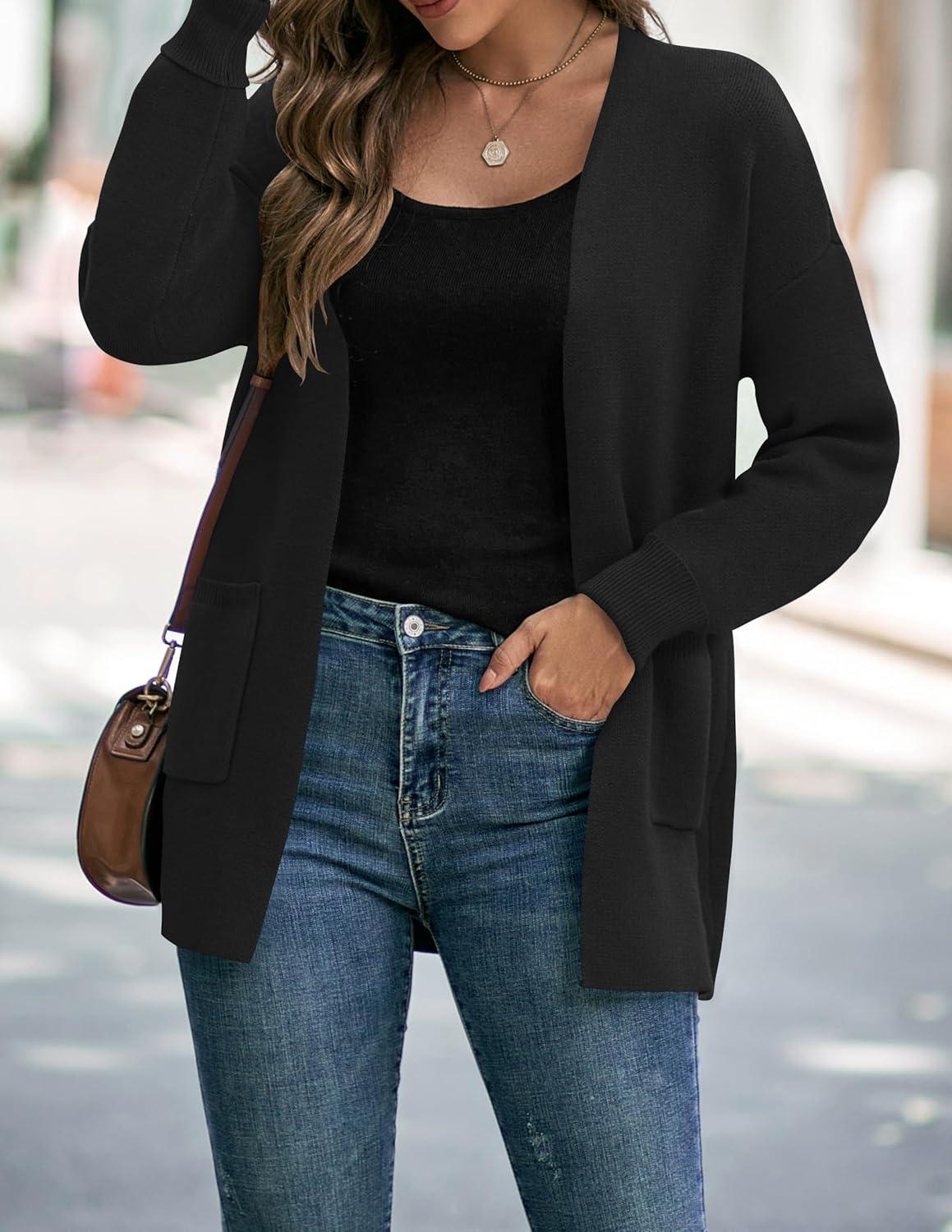 imageZESICA Womens Spring Winter Long Sleeves Open Front Leopard Print Knitted Sweater Cardigan Coat OutwearSolid Black