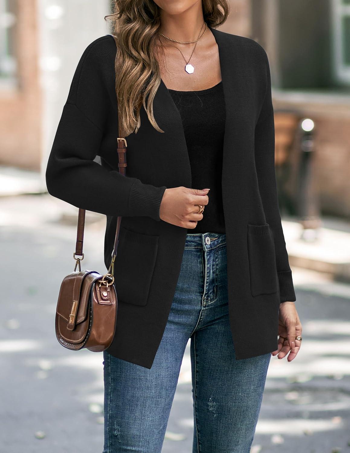 imageZESICA Womens Spring Winter Long Sleeves Open Front Leopard Print Knitted Sweater Cardigan Coat OutwearSolid Black