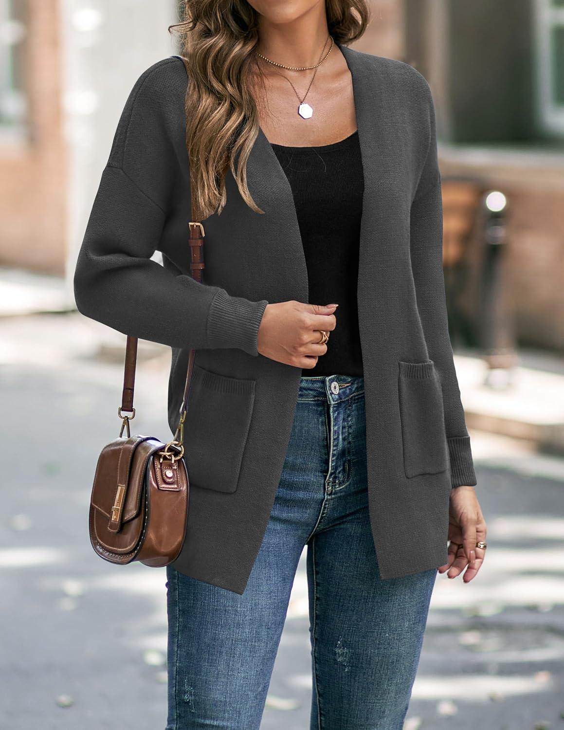 imageZESICA Womens Spring Winter Long Sleeves Open Front Leopard Print Knitted Sweater Cardigan Coat OutwearSolid Grey