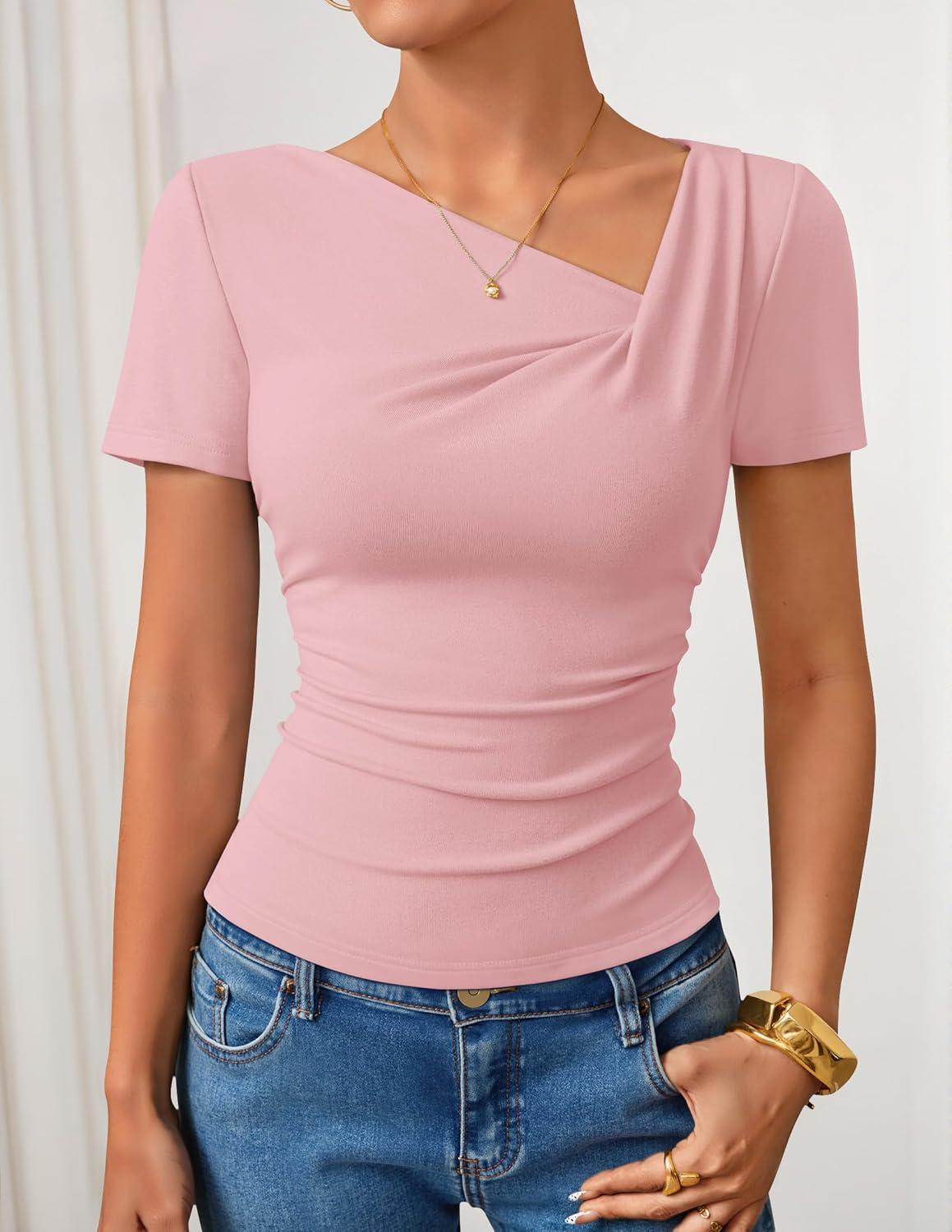 imageZESICA Womens Summer Asymmetrical T Shirts Ruched Fitted Short Sleeve Y2K Going Out Tops 2026 Spring Fashion Vacation OutfitsPink