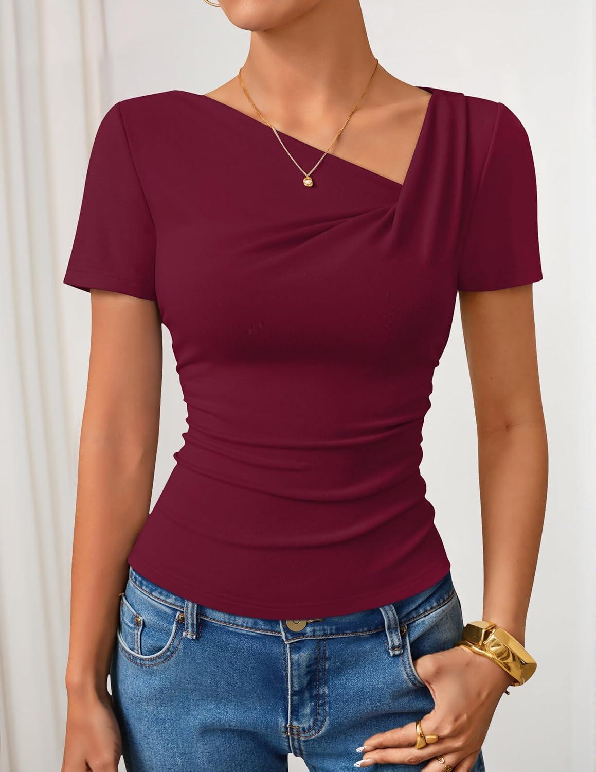 imageZESICA Womens Summer Asymmetrical T Shirts Ruched Fitted Short Sleeve Y2K Going Out Tops 2026 Spring Fashion Vacation OutfitsWine