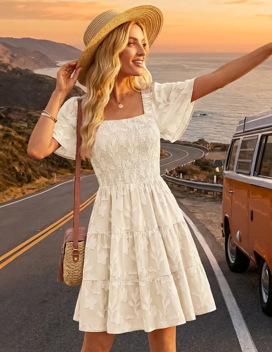 imageZESICA Womens Summer Boho Floral Mini Dress 2026 Casual Short Sleeve Square Neck Swing Beach Vacation SundressApricot