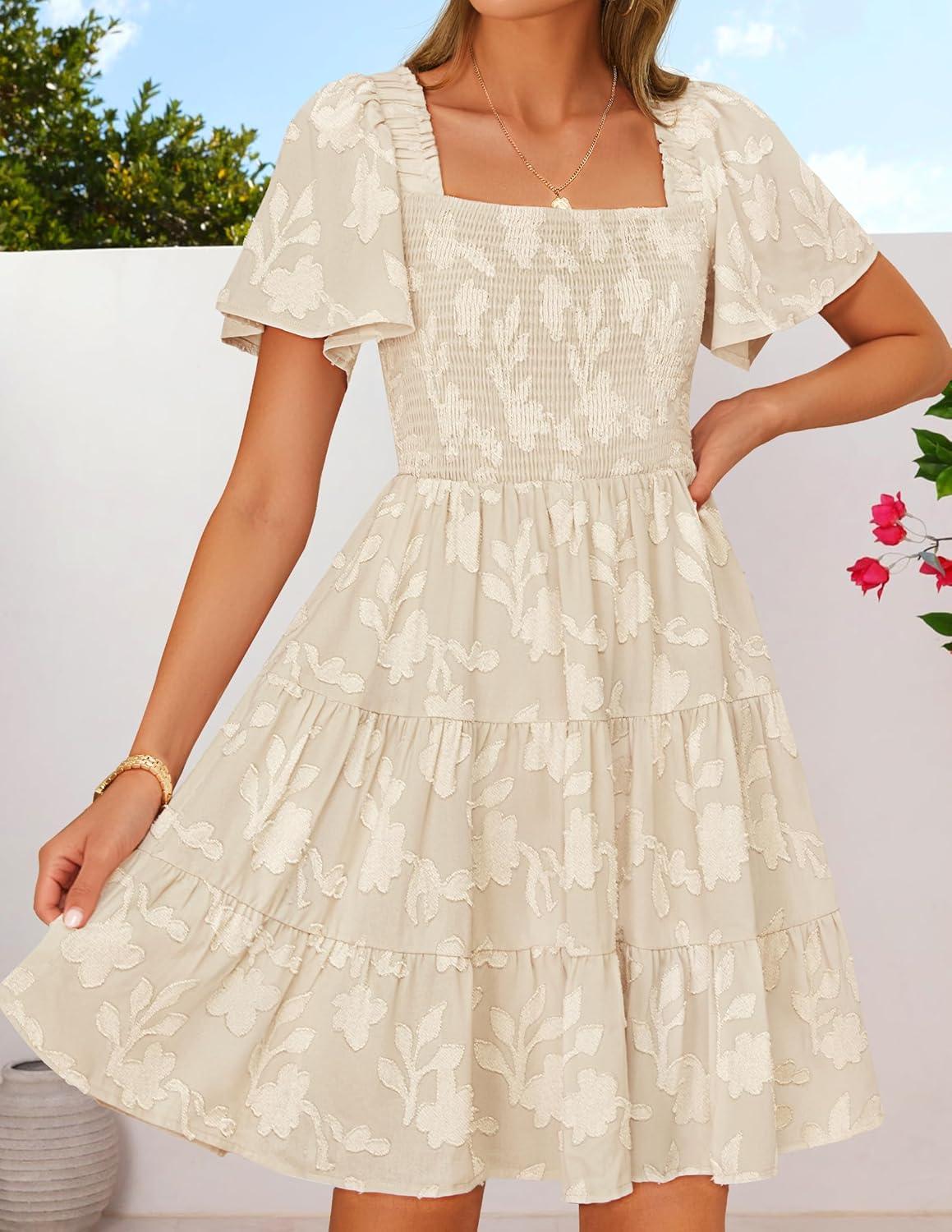 imageZESICA Womens Summer Boho Floral Mini Dress 2026 Casual Short Sleeve Square Neck Swing Beach Vacation SundressApricot