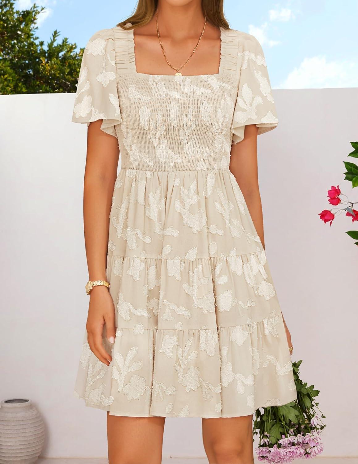 imageZESICA Womens Summer Boho Floral Mini Dress 2026 Casual Short Sleeve Square Neck Swing Beach Vacation SundressApricot