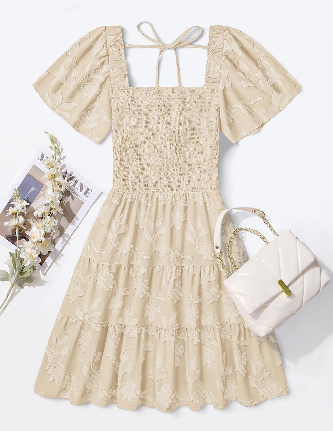 imageZESICA Womens Summer Boho Floral Mini Dress 2026 Casual Short Sleeve Square Neck Swing Beach Vacation SundressApricot