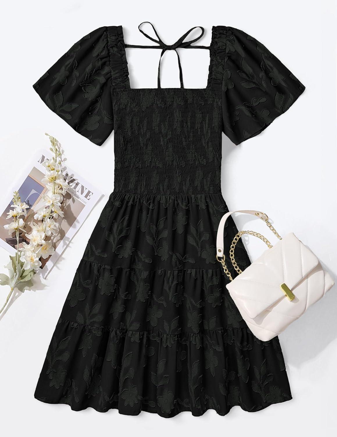 imageZESICA Womens Summer Boho Floral Mini Dress 2026 Casual Short Sleeve Square Neck Swing Beach Vacation SundressBlack