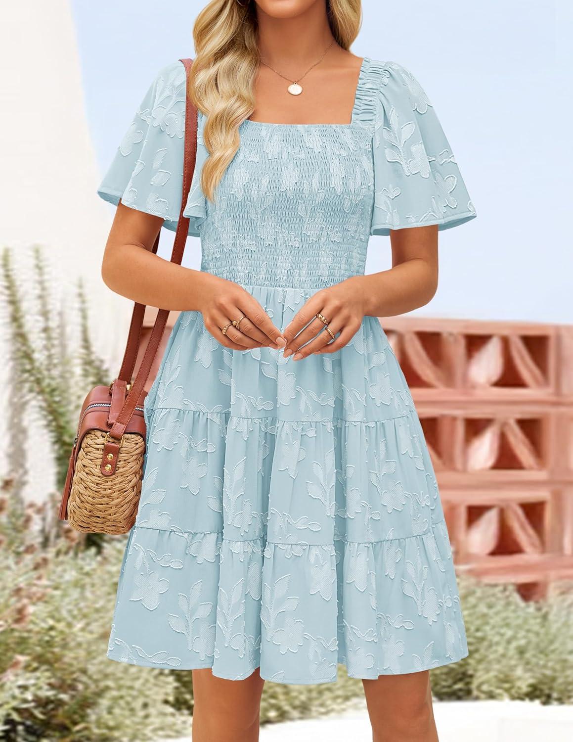 imageZESICA Womens Summer Boho Floral Mini Dress 2026 Casual Short Sleeve Square Neck Swing Beach Vacation SundressBlue