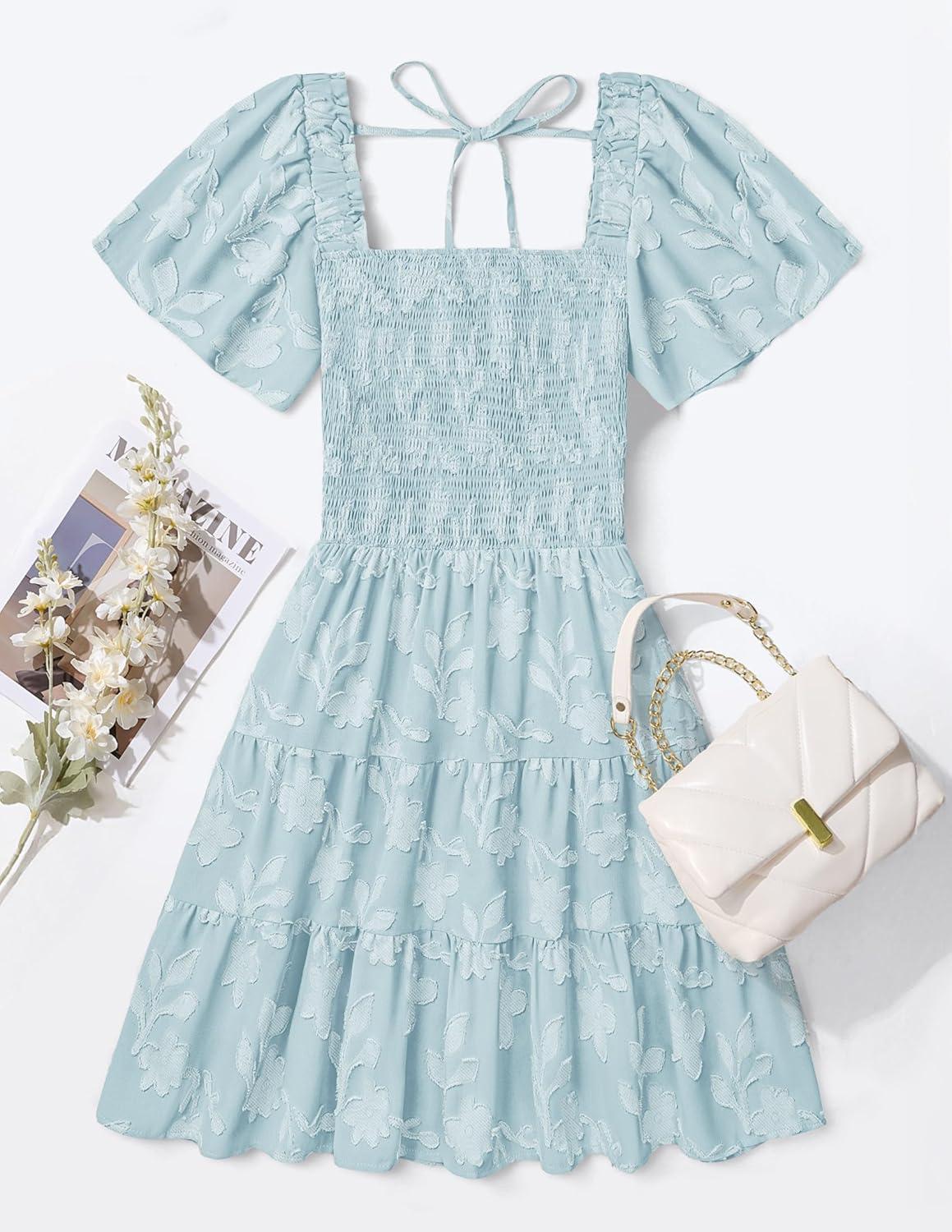 imageZESICA Womens Summer Boho Floral Mini Dress 2026 Casual Short Sleeve Square Neck Swing Beach Vacation SundressBlue