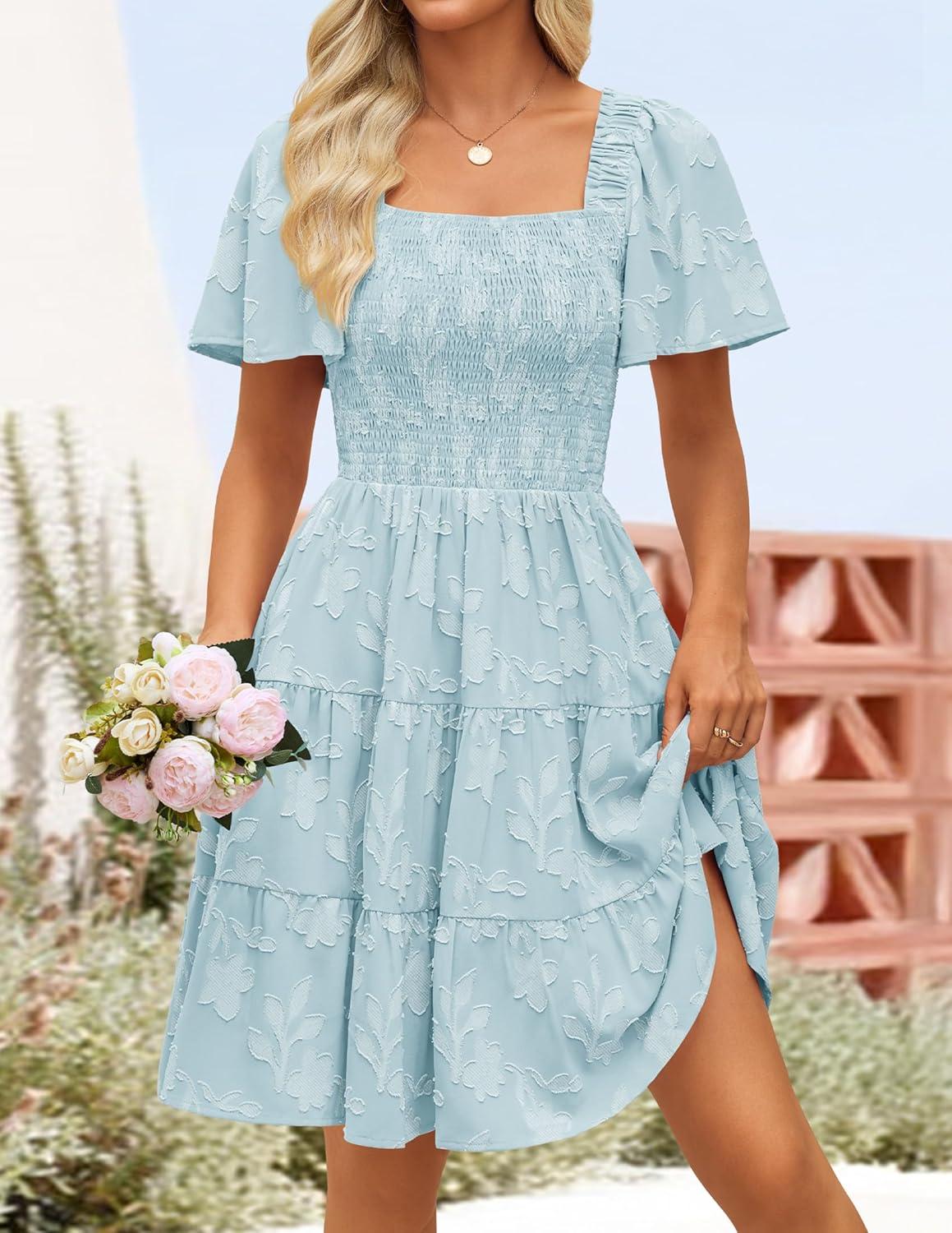 imageZESICA Womens Summer Boho Floral Mini Dress 2026 Casual Short Sleeve Square Neck Swing Beach Vacation SundressBlue