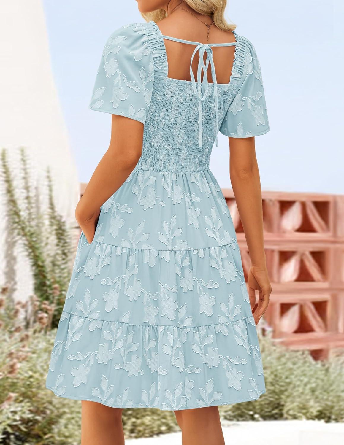 imageZESICA Womens Summer Boho Floral Mini Dress 2026 Casual Short Sleeve Square Neck Swing Beach Vacation SundressBlue