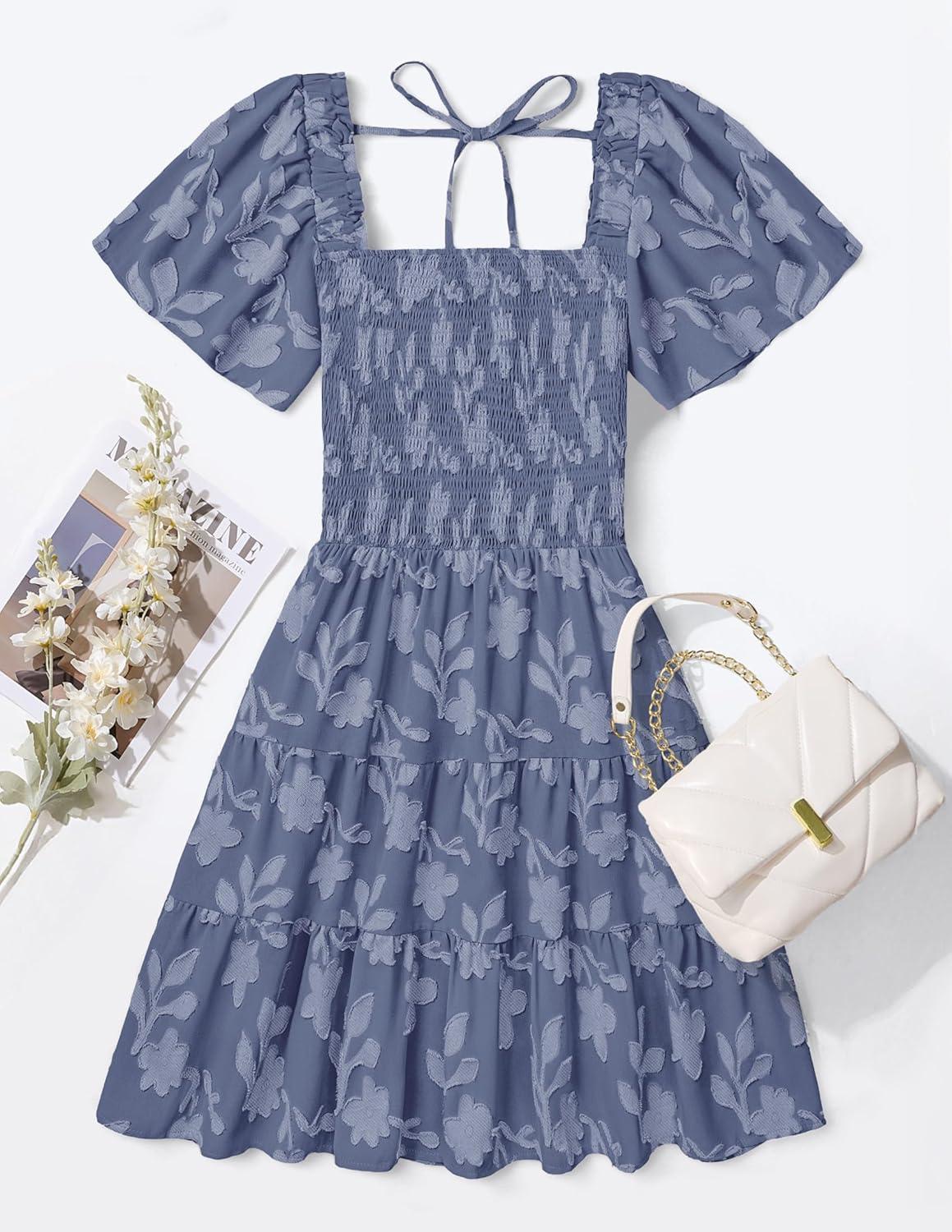 imageZESICA Womens Summer Boho Floral Mini Dress 2026 Casual Short Sleeve Square Neck Swing Beach Vacation SundressDusty Blue
