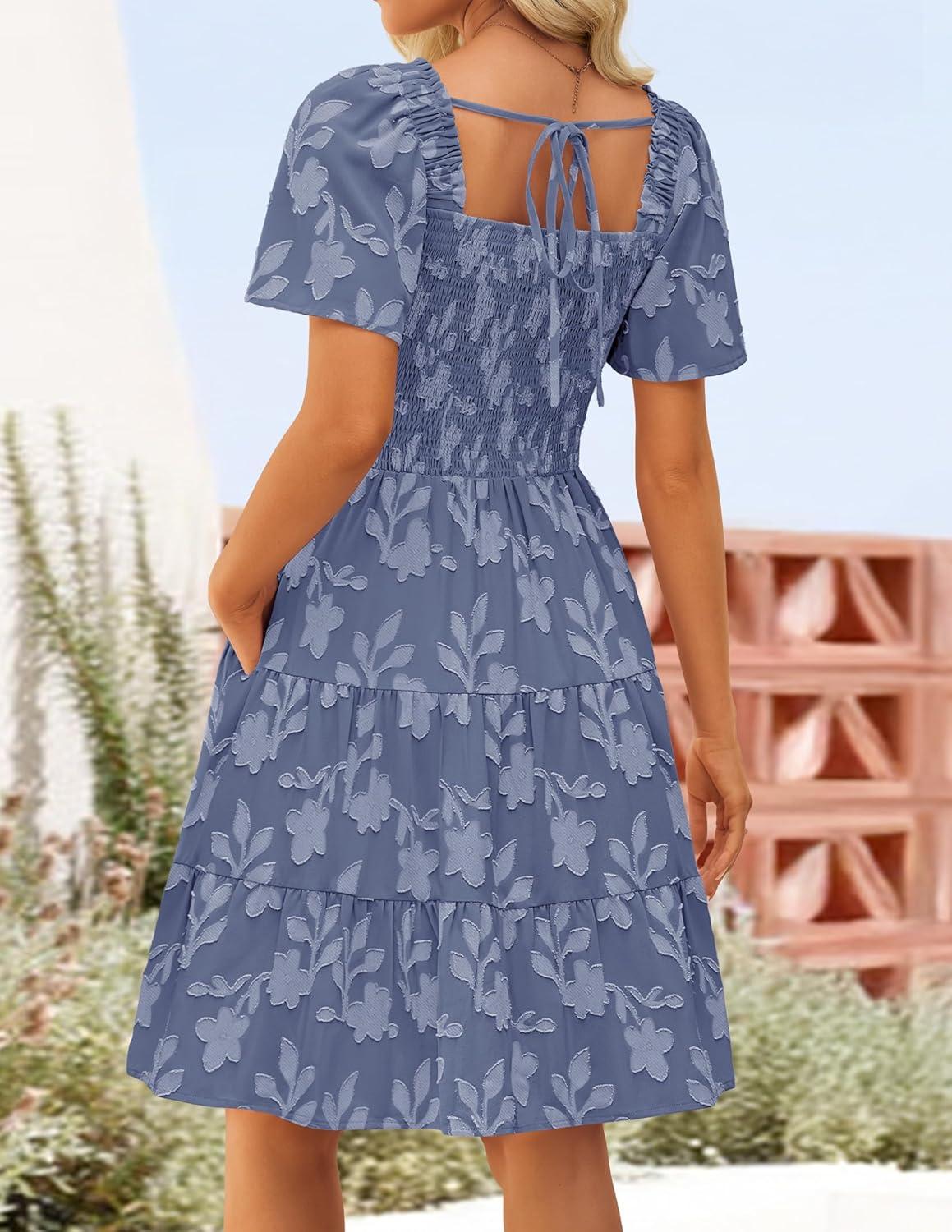 imageZESICA Womens Summer Boho Floral Mini Dress 2026 Casual Short Sleeve Square Neck Swing Beach Vacation SundressDusty Blue