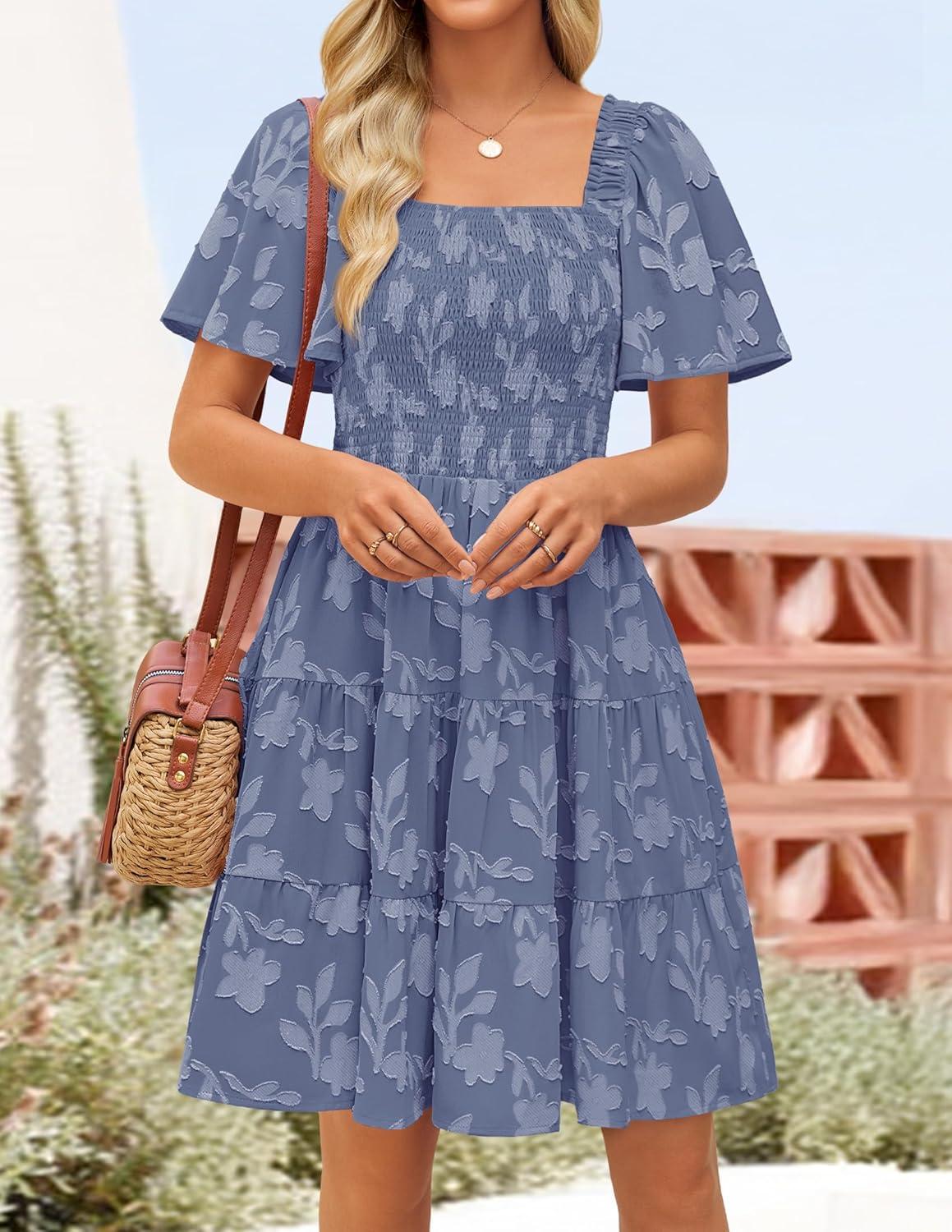 imageZESICA Womens Summer Boho Floral Mini Dress 2026 Casual Short Sleeve Square Neck Swing Beach Vacation SundressDusty Blue