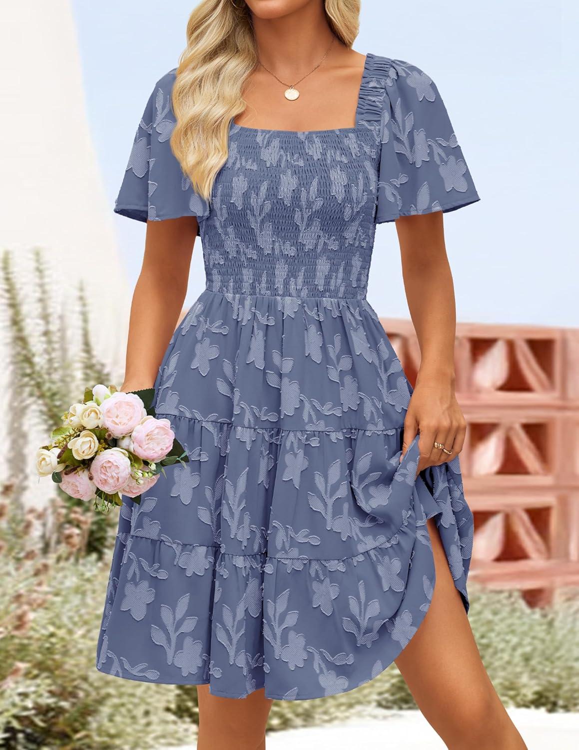 imageZESICA Womens Summer Boho Floral Mini Dress 2026 Casual Short Sleeve Square Neck Swing Beach Vacation SundressDusty Blue