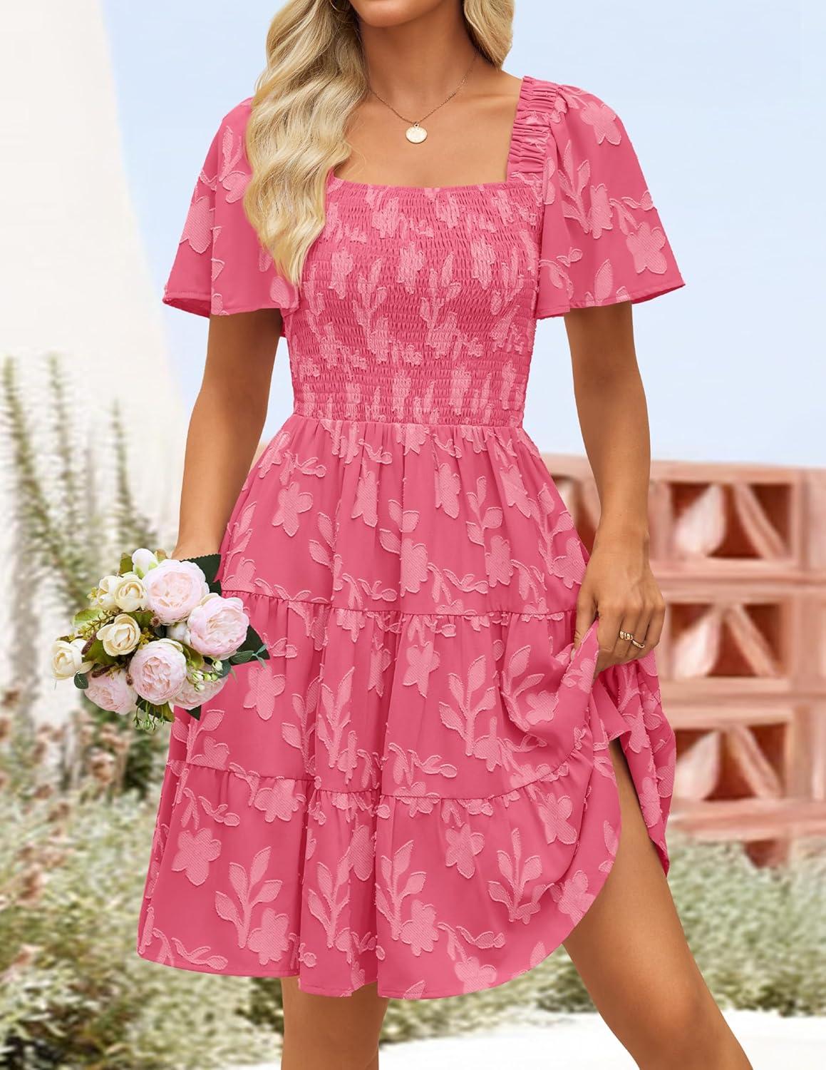 imageZESICA Womens Summer Boho Floral Mini Dress 2026 Casual Short Sleeve Square Neck Swing Beach Vacation SundressHot Pink