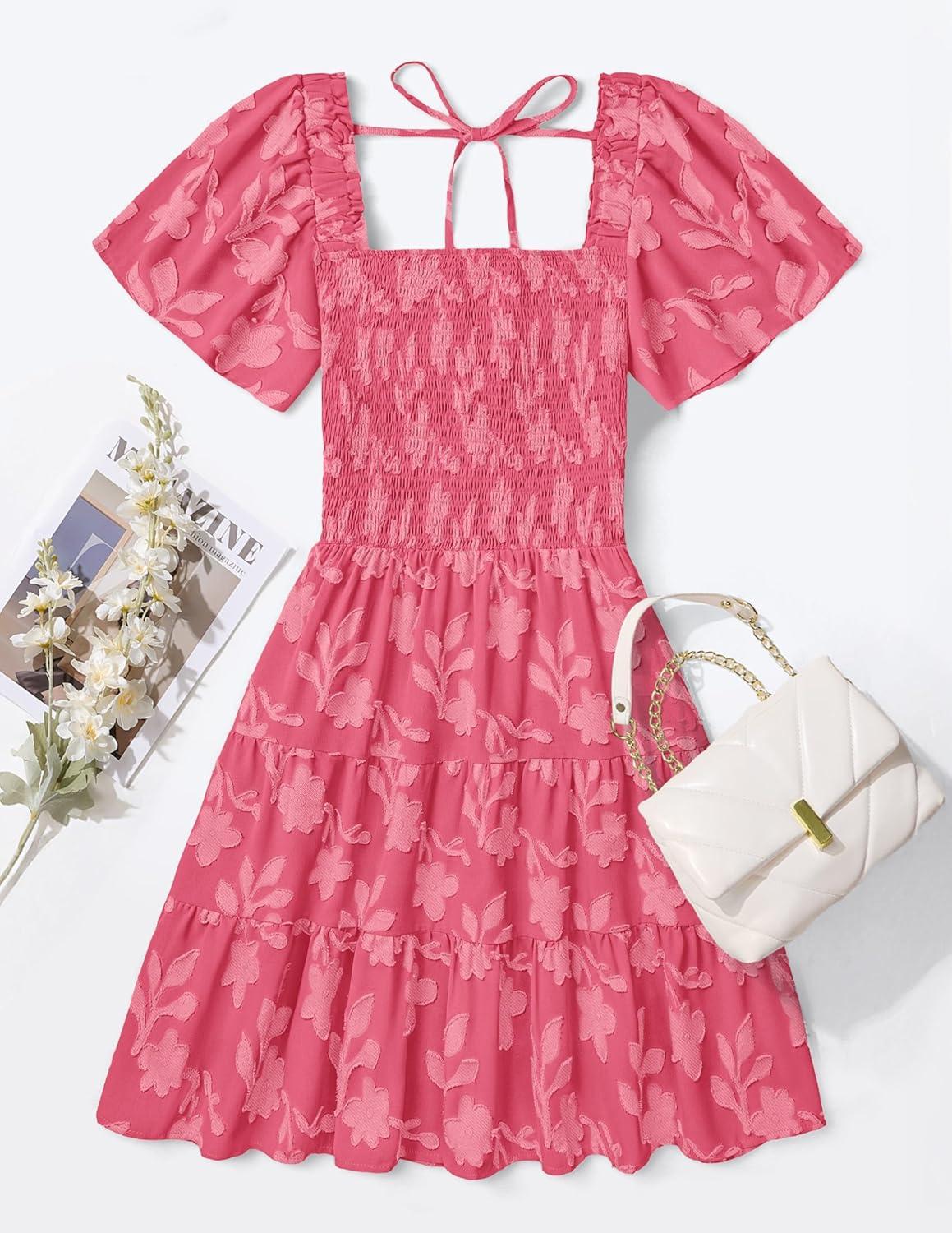 imageZESICA Womens Summer Boho Floral Mini Dress 2026 Casual Short Sleeve Square Neck Swing Beach Vacation SundressHot Pink