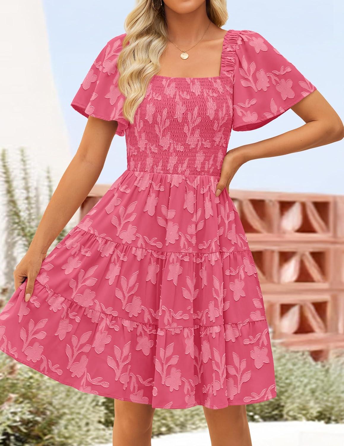 imageZESICA Womens Summer Boho Floral Mini Dress 2026 Casual Short Sleeve Square Neck Swing Beach Vacation SundressHot Pink