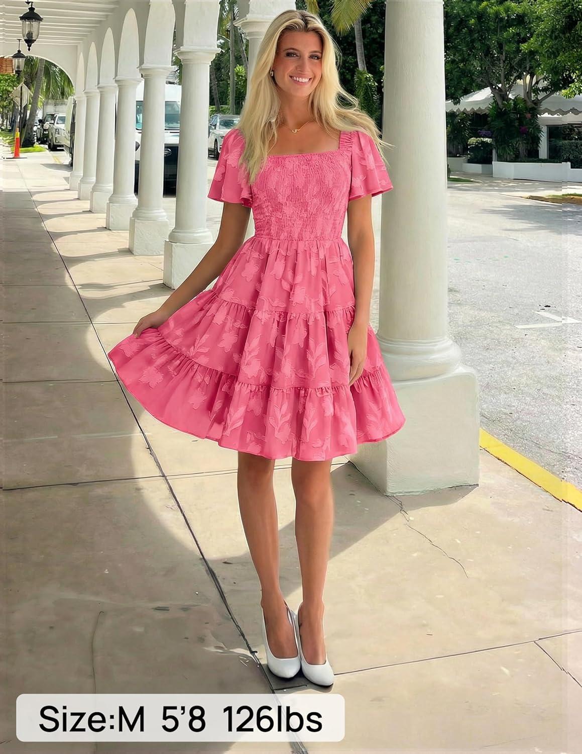 imageZESICA Womens Summer Boho Floral Mini Dress 2026 Casual Short Sleeve Square Neck Swing Beach Vacation SundressHot Pink