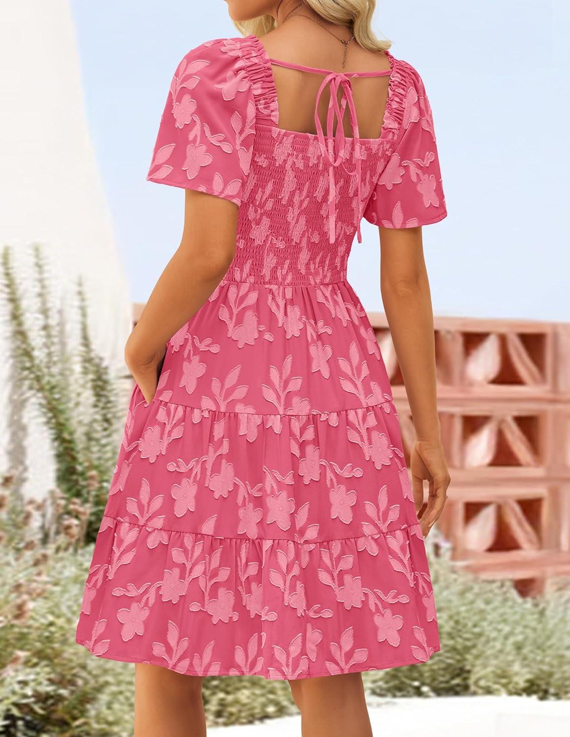 imageZESICA Womens Summer Boho Floral Mini Dress 2026 Casual Short Sleeve Square Neck Swing Beach Vacation SundressHot Pink