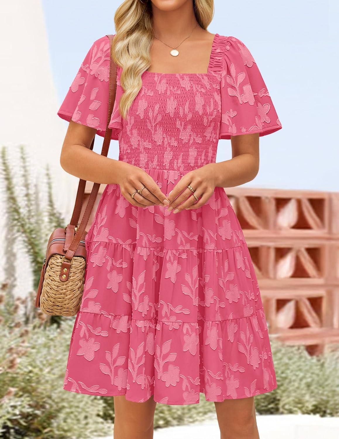 imageZESICA Womens Summer Boho Floral Mini Dress 2026 Casual Short Sleeve Square Neck Swing Beach Vacation SundressHot Pink