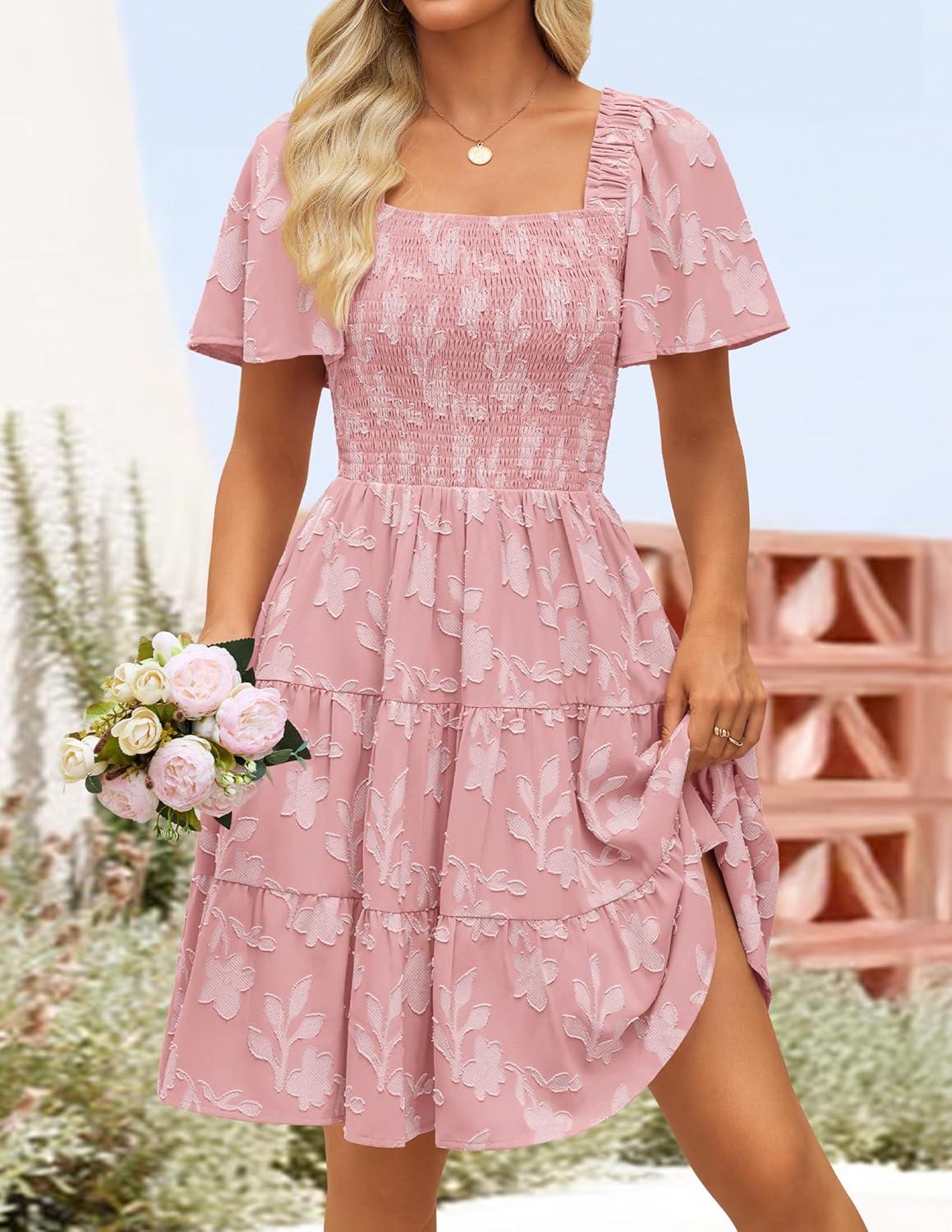 imageZESICA Womens Summer Boho Floral Mini Dress 2026 Casual Short Sleeve Square Neck Swing Beach Vacation SundressPink