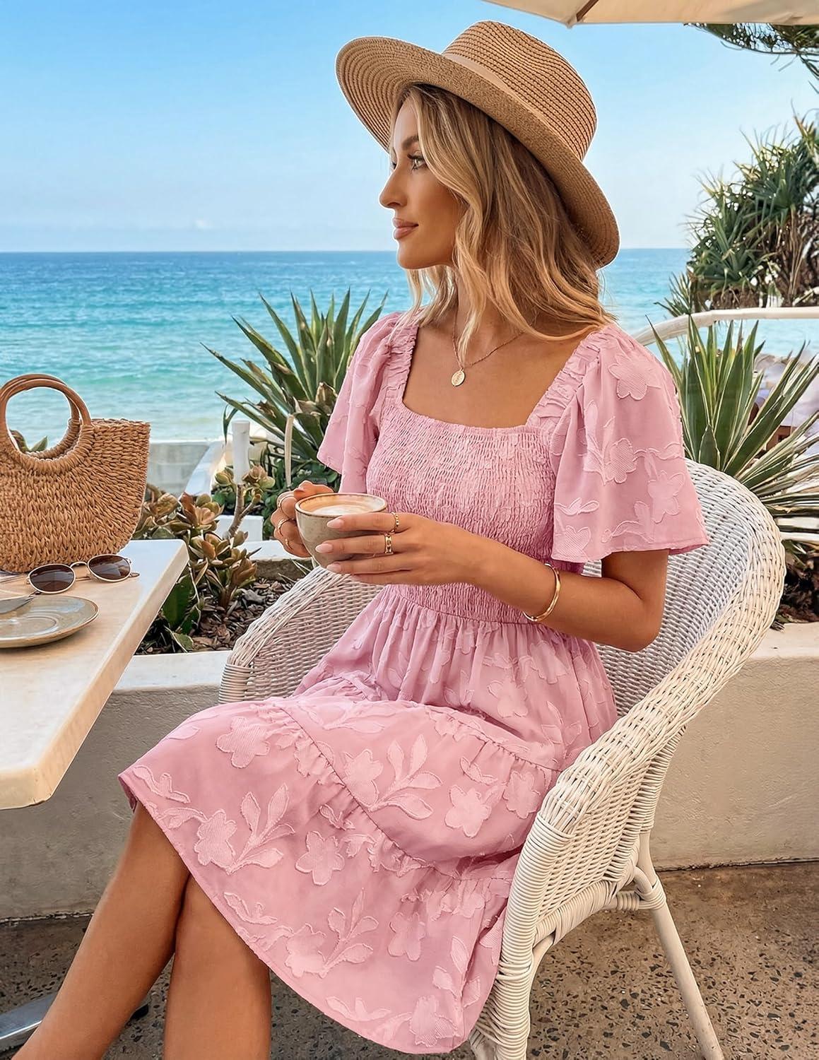 imageZESICA Womens Summer Boho Floral Mini Dress 2026 Casual Short Sleeve Square Neck Swing Beach Vacation SundressPink