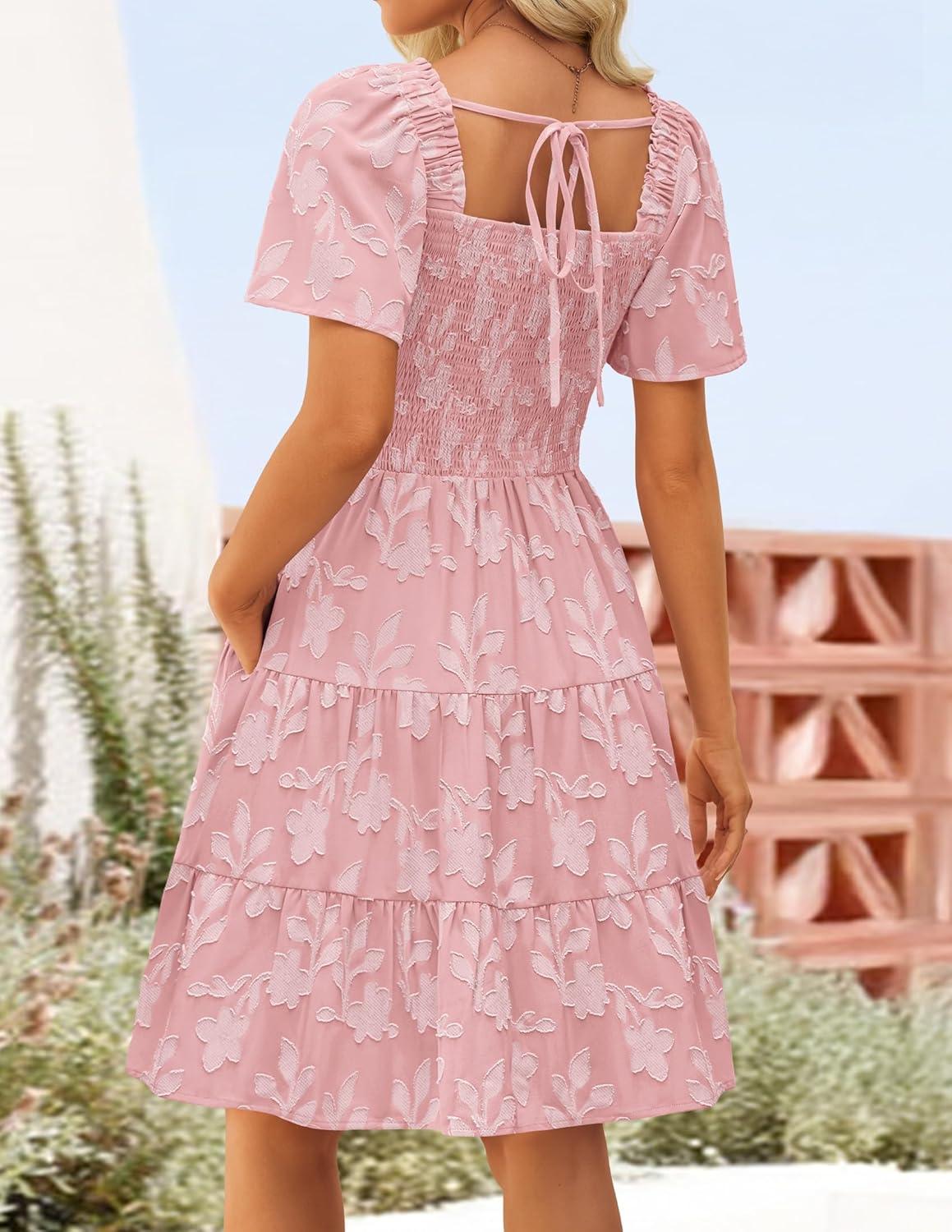imageZESICA Womens Summer Boho Floral Mini Dress 2026 Casual Short Sleeve Square Neck Swing Beach Vacation SundressPink