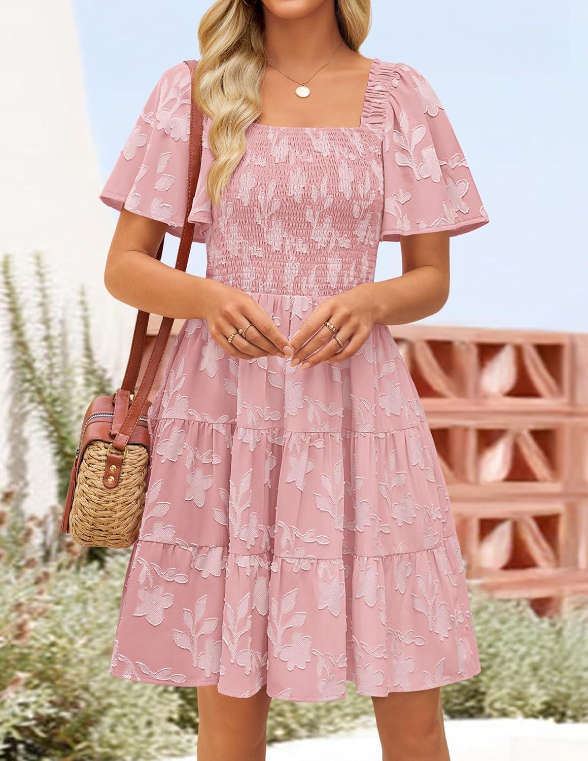 imageZESICA Womens Summer Boho Floral Mini Dress 2026 Casual Short Sleeve Square Neck Swing Beach Vacation SundressPink