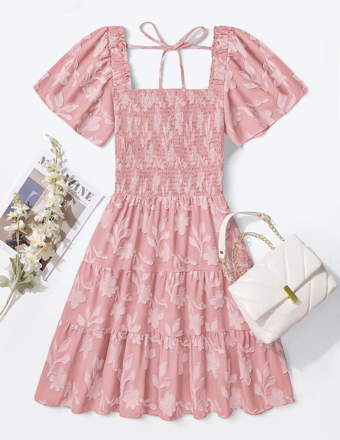 imageZESICA Womens Summer Boho Floral Mini Dress 2026 Casual Short Sleeve Square Neck Swing Beach Vacation SundressPink