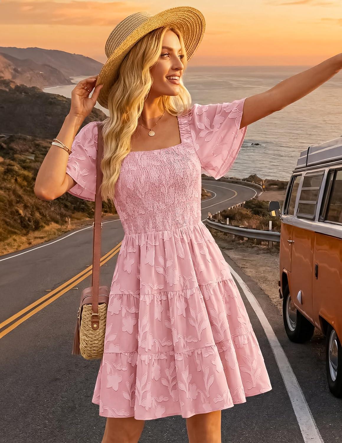 imageZESICA Womens Summer Boho Floral Mini Dress 2026 Casual Short Sleeve Square Neck Swing Beach Vacation SundressPink