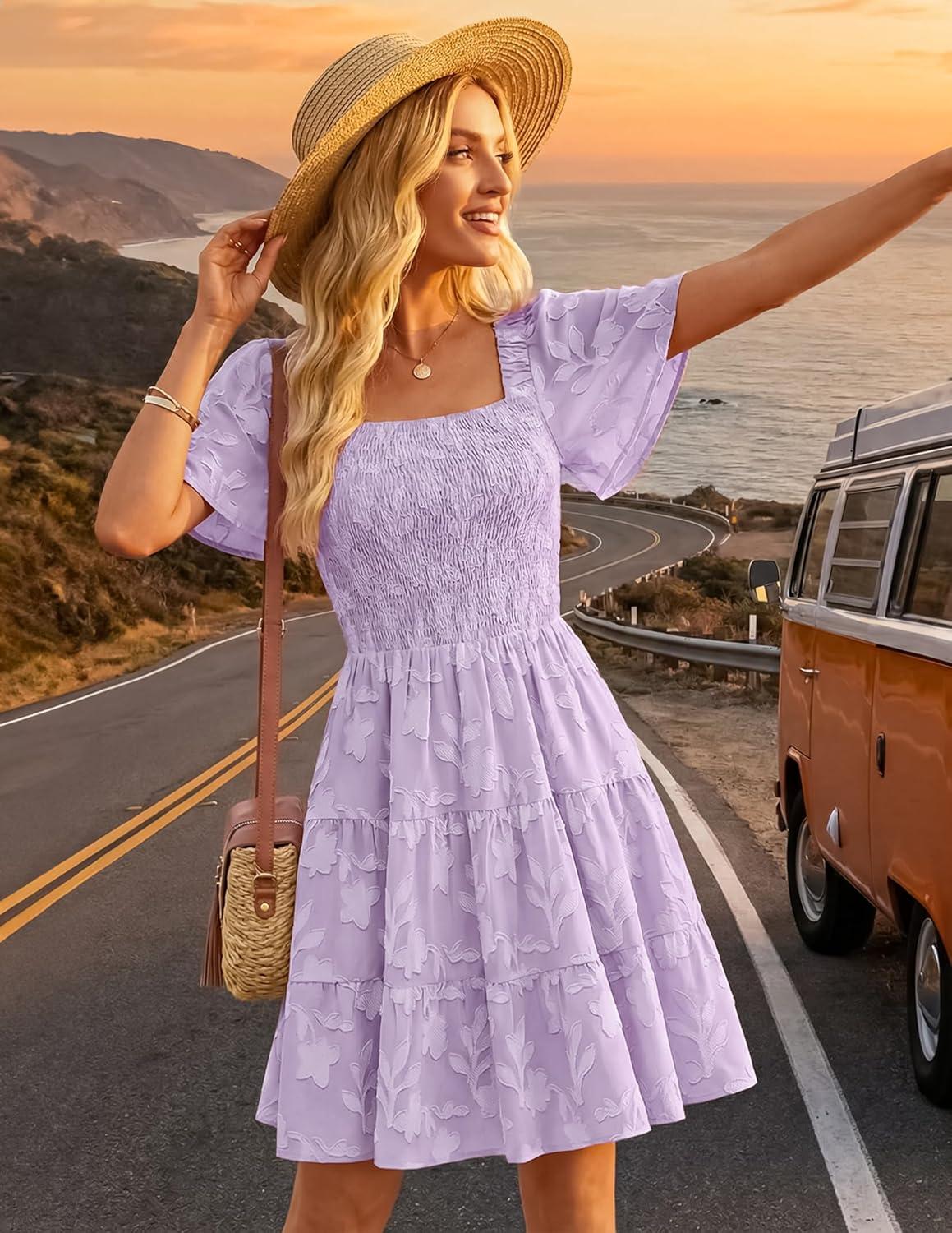 imageZESICA Womens Summer Boho Floral Mini Dress 2026 Casual Short Sleeve Square Neck Swing Beach Vacation SundressPurple