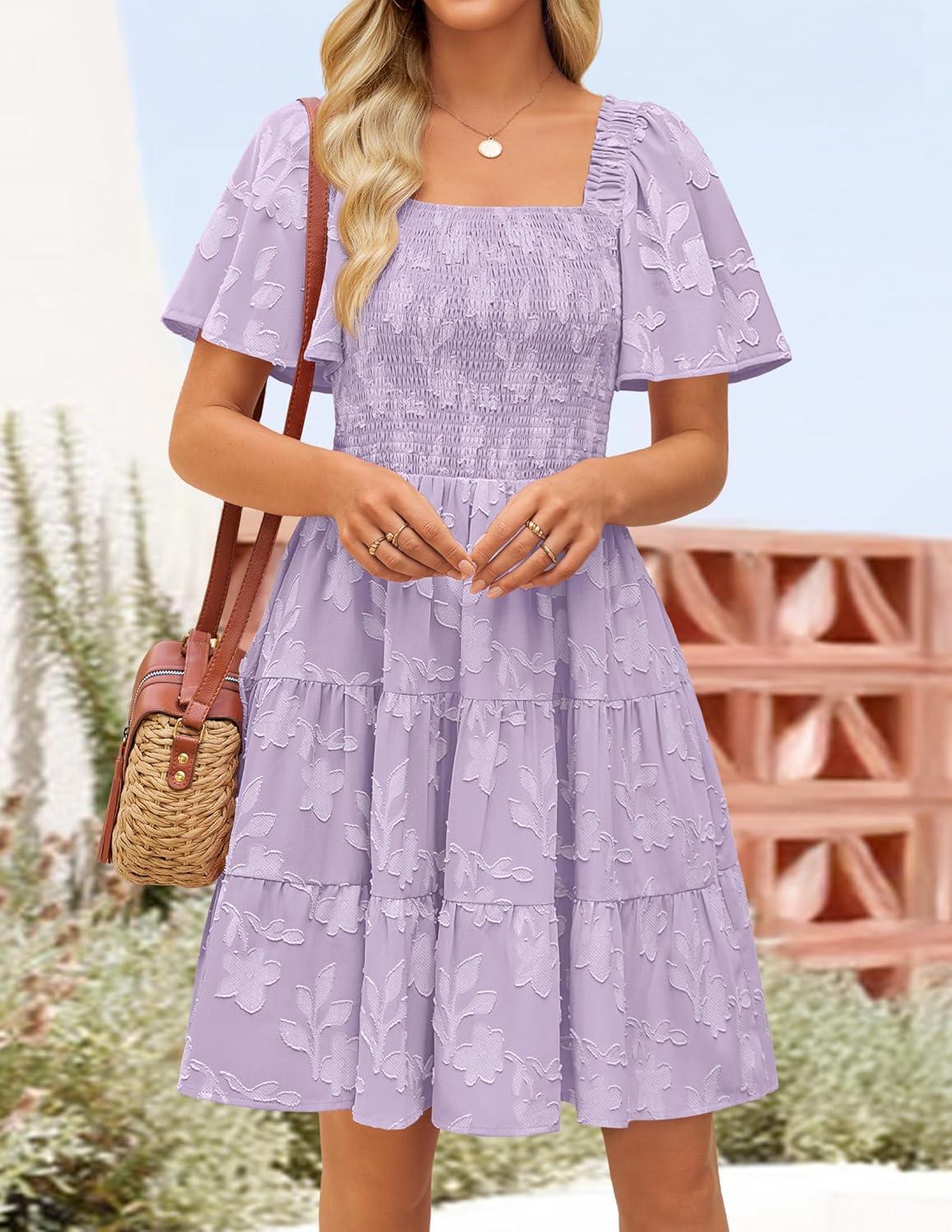imageZESICA Womens Summer Boho Floral Mini Dress 2026 Casual Short Sleeve Square Neck Swing Beach Vacation SundressPurple
