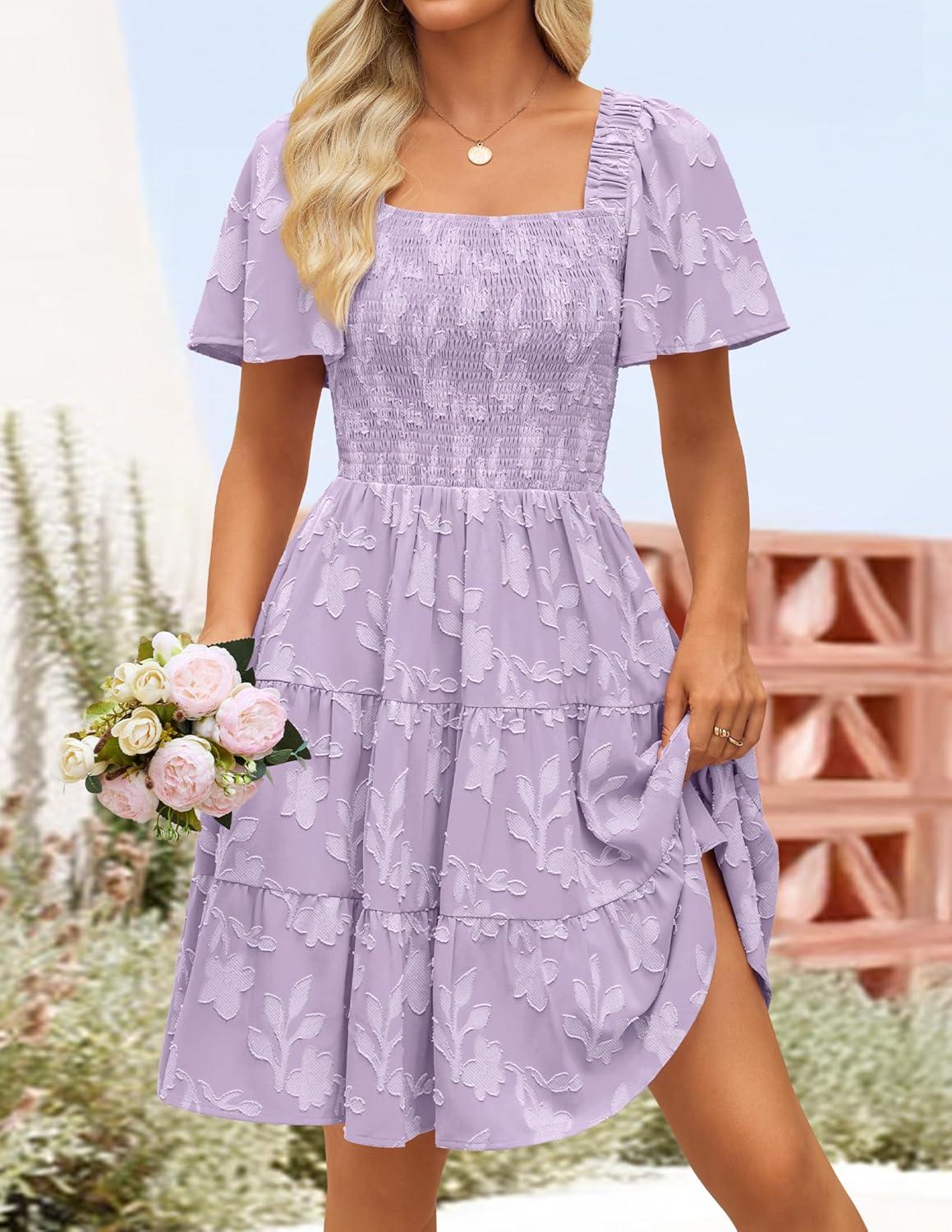 imageZESICA Womens Summer Boho Floral Mini Dress 2026 Casual Short Sleeve Square Neck Swing Beach Vacation SundressPurple