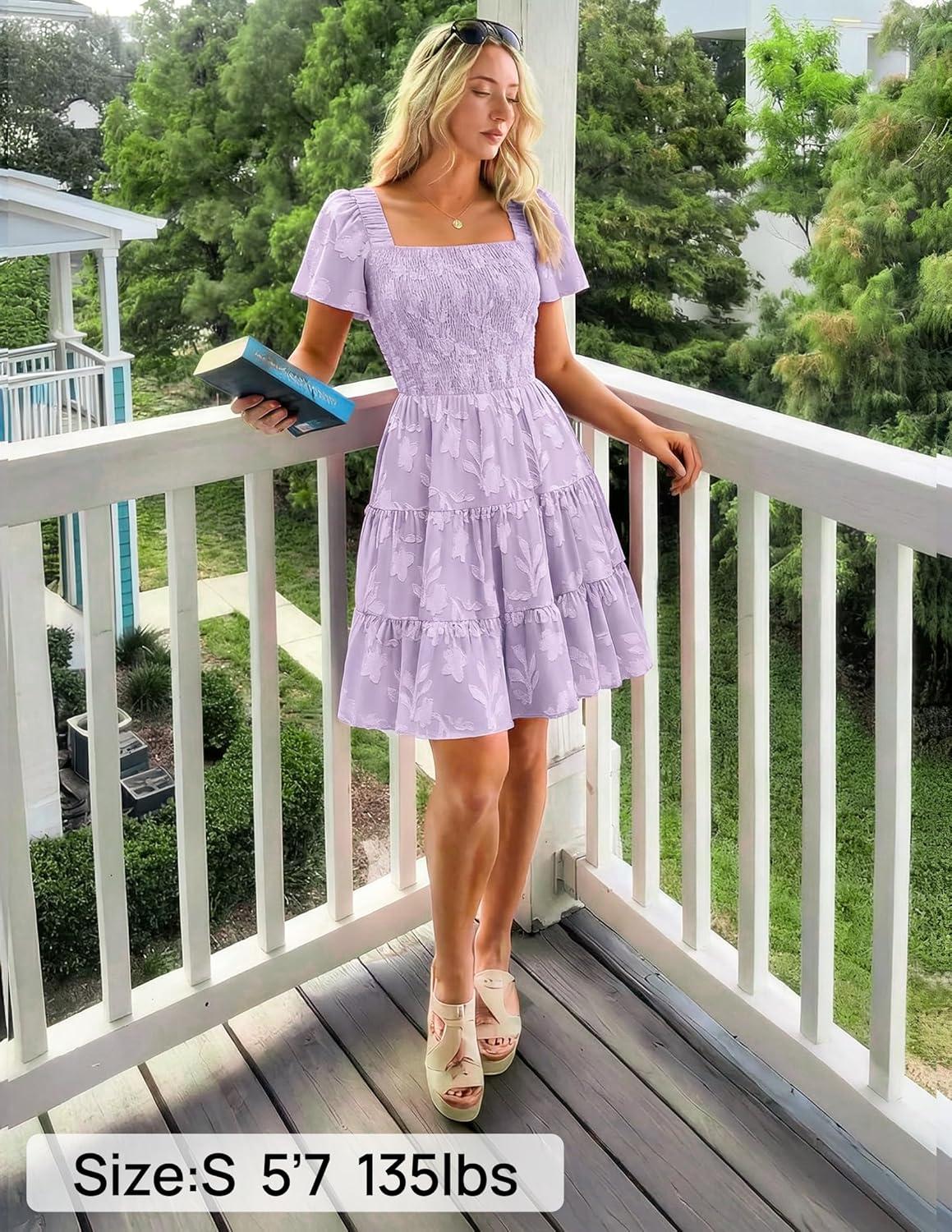 imageZESICA Womens Summer Boho Floral Mini Dress 2026 Casual Short Sleeve Square Neck Swing Beach Vacation SundressPurple
