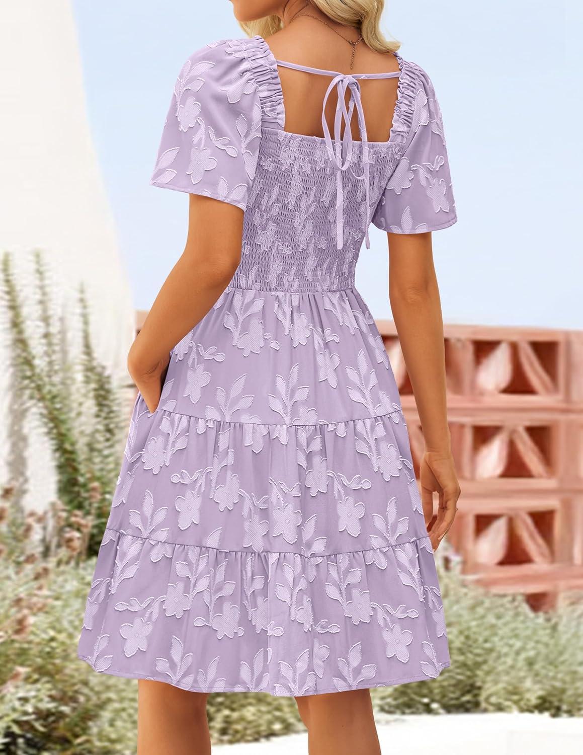 imageZESICA Womens Summer Boho Floral Mini Dress 2026 Casual Short Sleeve Square Neck Swing Beach Vacation SundressPurple