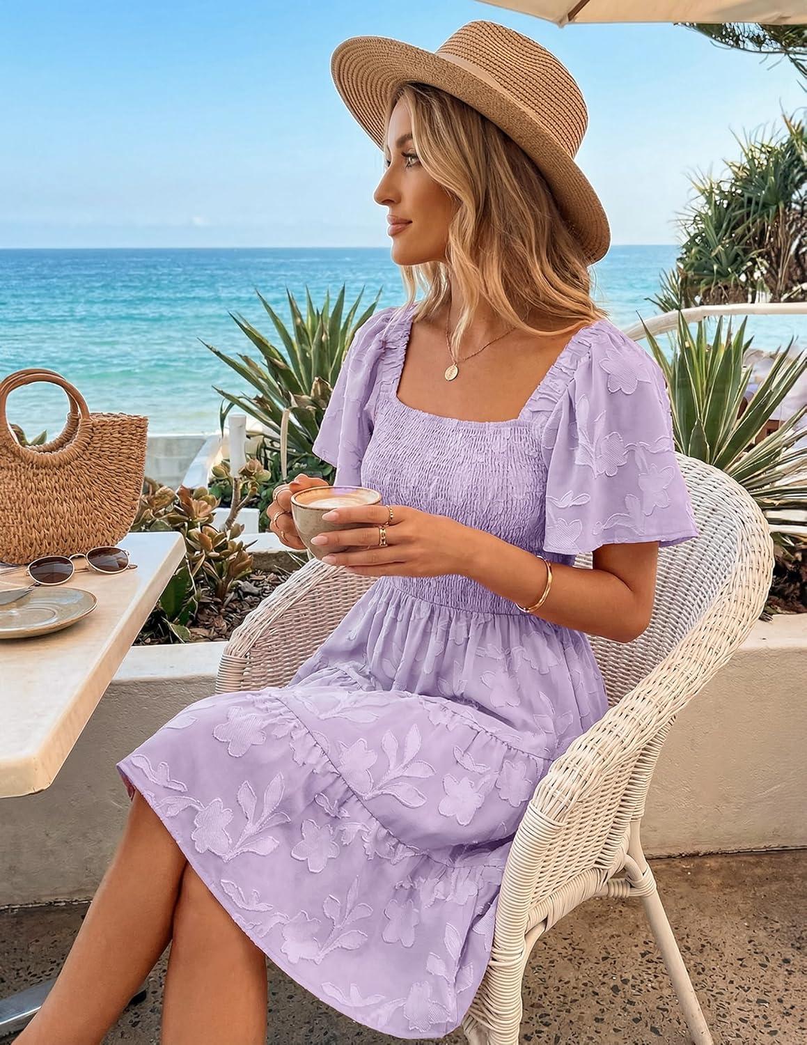 imageZESICA Womens Summer Boho Floral Mini Dress 2026 Casual Short Sleeve Square Neck Swing Beach Vacation SundressPurple