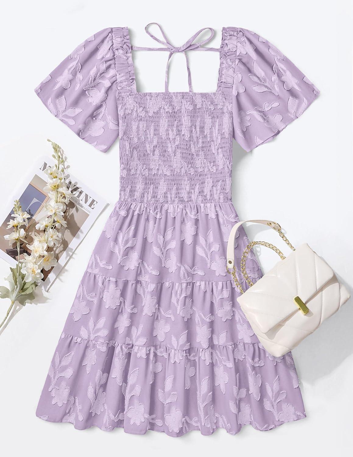 imageZESICA Womens Summer Boho Floral Mini Dress 2026 Casual Short Sleeve Square Neck Swing Beach Vacation SundressPurple