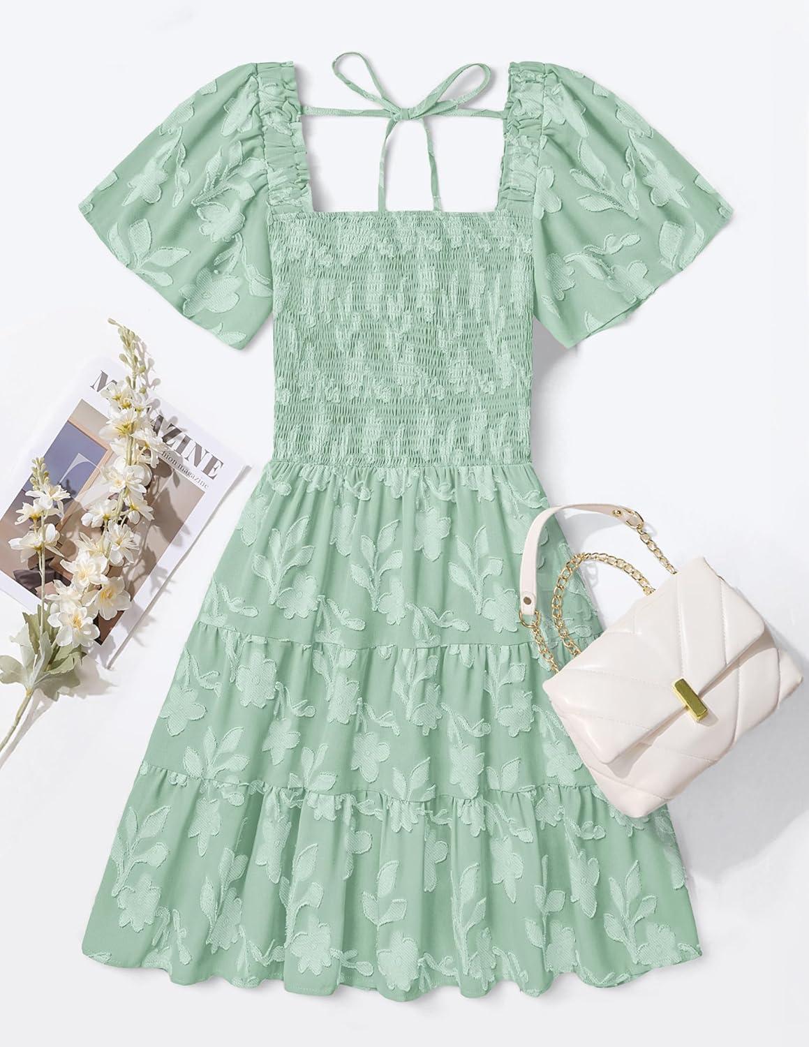 imageZESICA Womens Summer Boho Floral Mini Dress 2026 Casual Short Sleeve Square Neck Swing Beach Vacation SundressSage