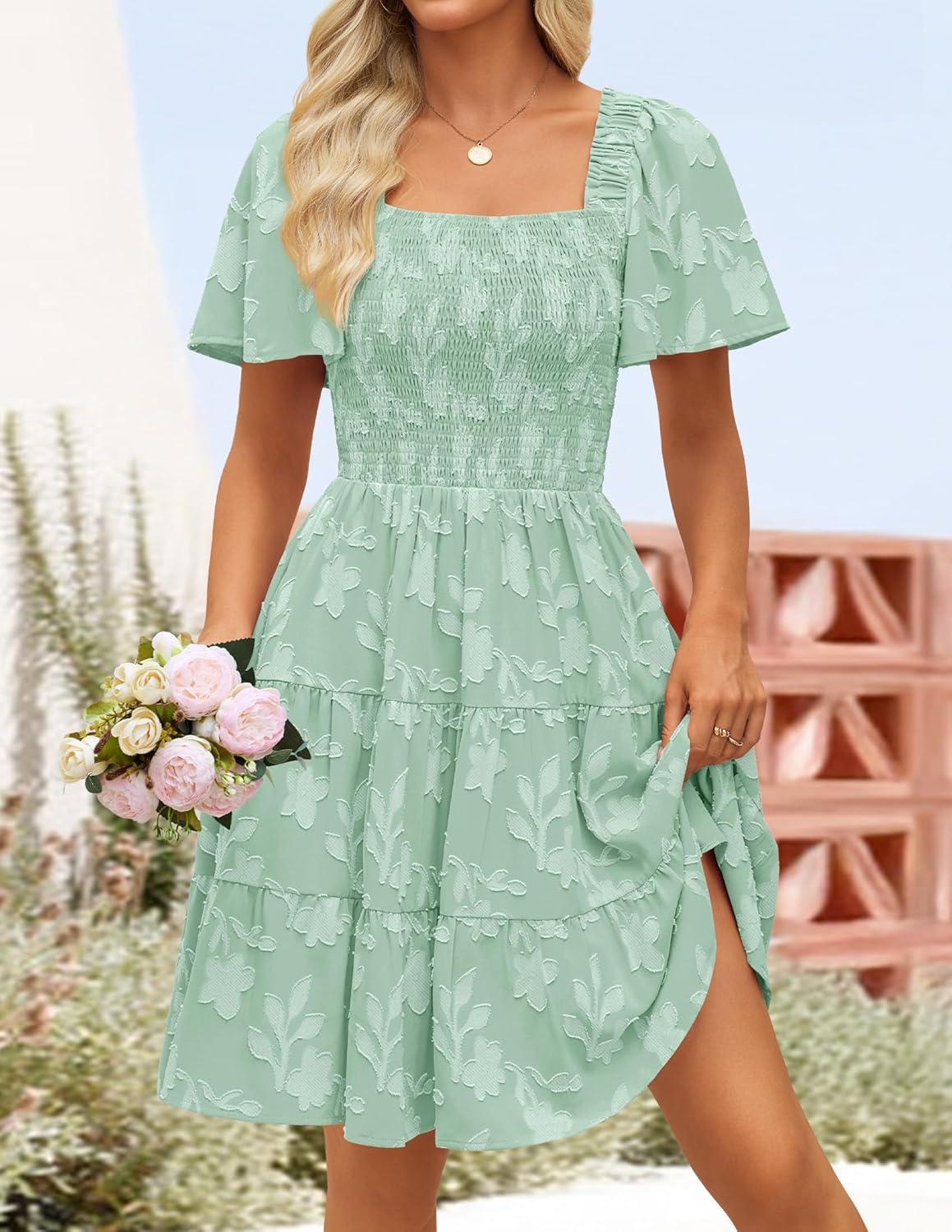 imageZESICA Womens Summer Boho Floral Mini Dress 2026 Casual Short Sleeve Square Neck Swing Beach Vacation SundressSage