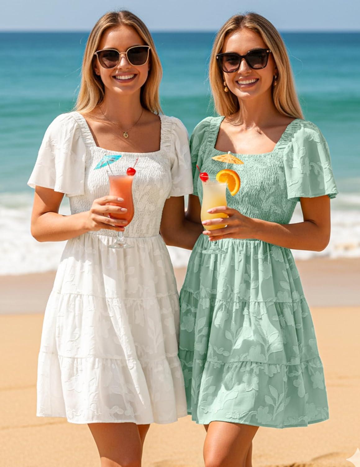 imageZESICA Womens Summer Boho Floral Mini Dress 2026 Casual Short Sleeve Square Neck Swing Beach Vacation SundressSage