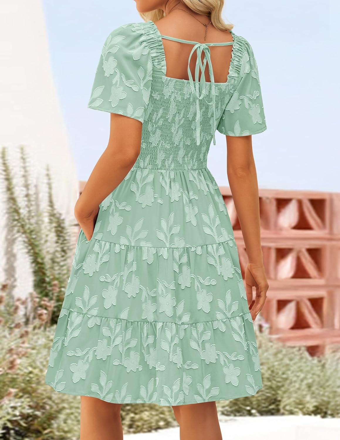imageZESICA Womens Summer Boho Floral Mini Dress 2026 Casual Short Sleeve Square Neck Swing Beach Vacation SundressSage