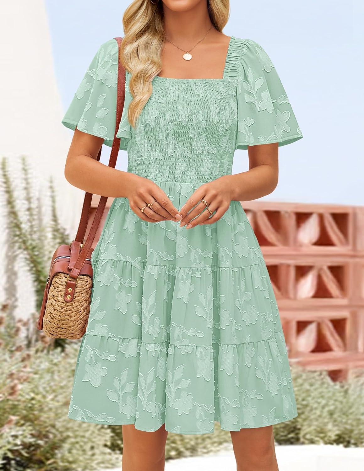 imageZESICA Womens Summer Boho Floral Mini Dress 2026 Casual Short Sleeve Square Neck Swing Beach Vacation SundressSage