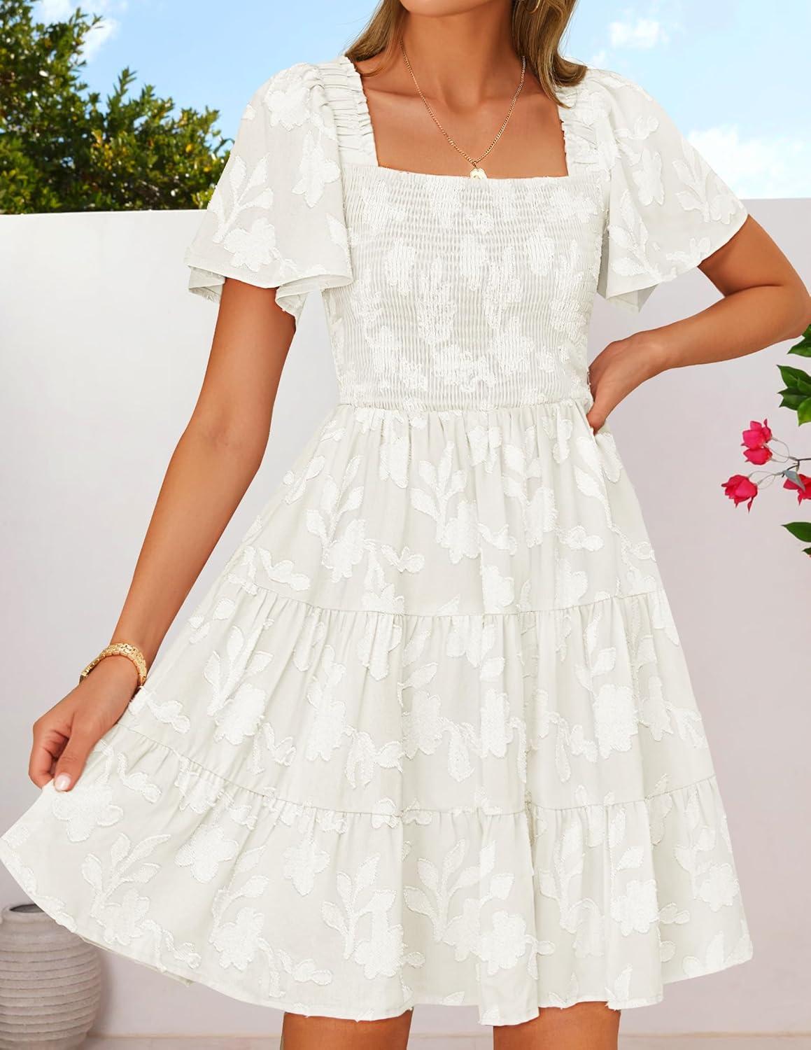 imageZESICA Womens Summer Boho Floral Mini Dress 2026 Casual Short Sleeve Square Neck Swing Beach Vacation SundressWhite