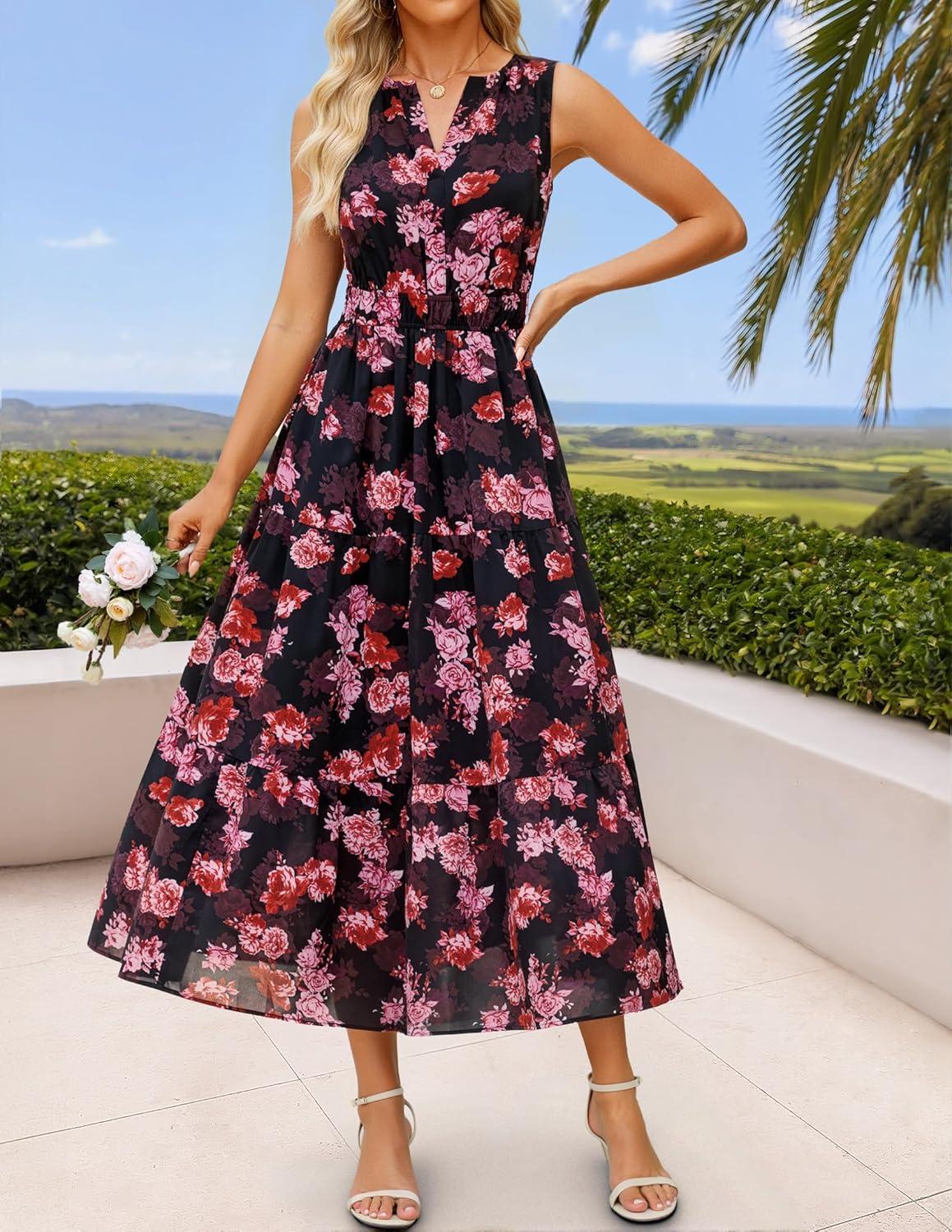 imageZESICA Womens Summer Boho Floral Sleeveless Midi Dress 2026 V Neck Elastic High Waist Flowy Casual Beach Long DressesBlack