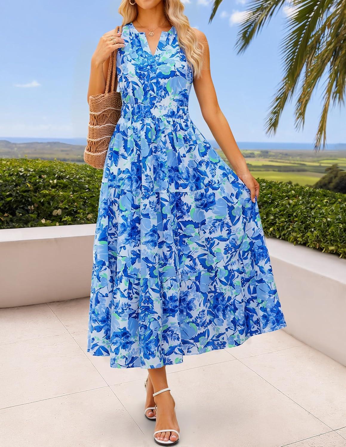 imageZESICA Womens Summer Boho Floral Sleeveless Midi Dress 2026 V Neck Elastic High Waist Flowy Casual Beach Long DressesBlue