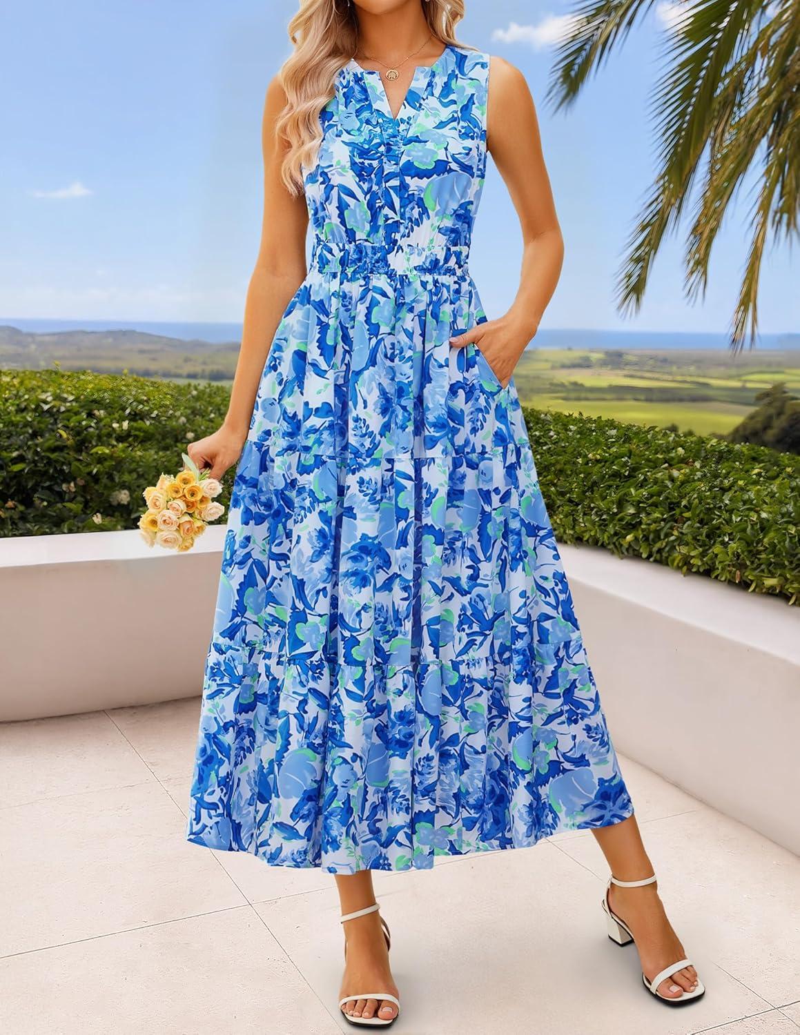 imageZESICA Womens Summer Boho Floral Sleeveless Midi Dress 2026 V Neck Elastic High Waist Flowy Casual Beach Long DressesBlue